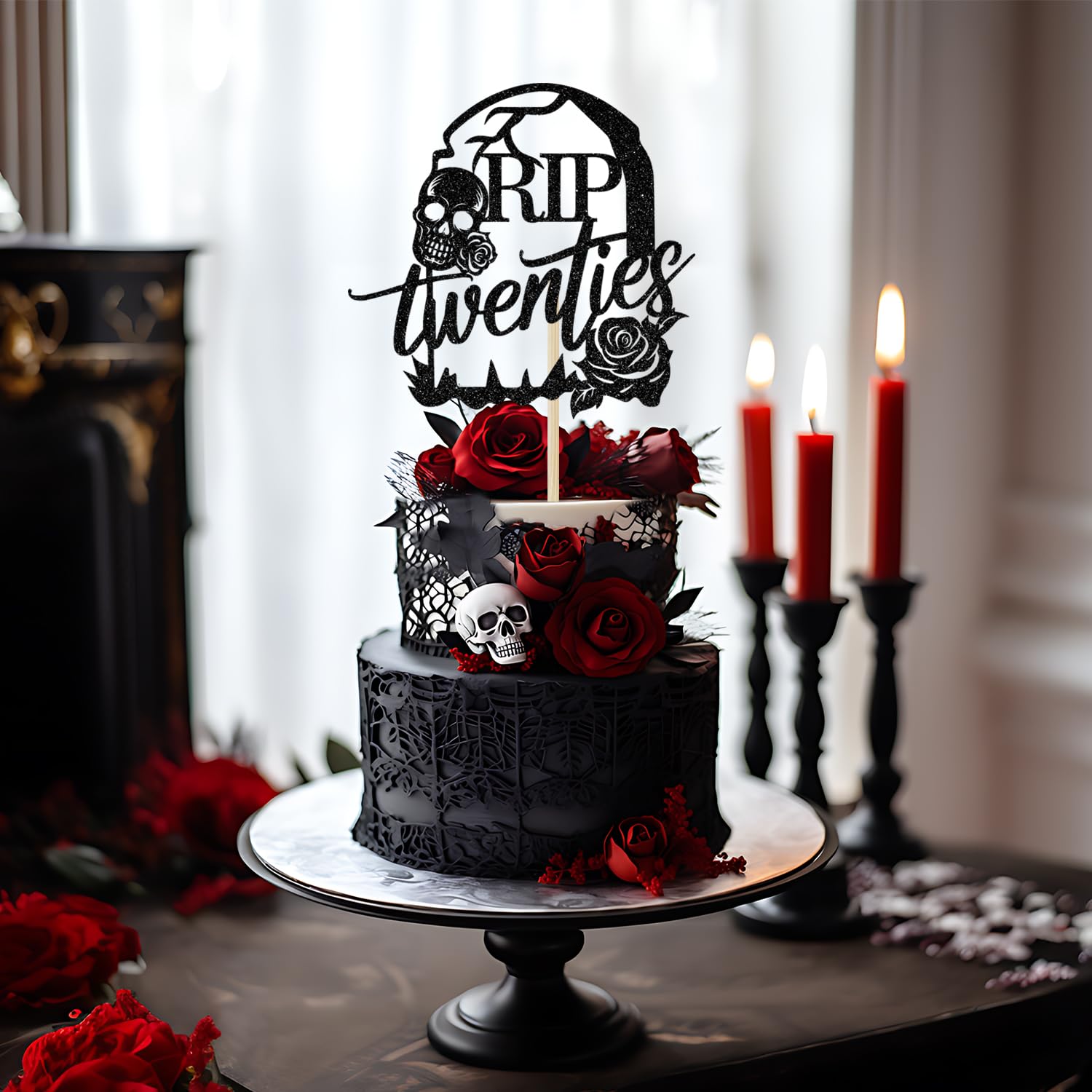 Rip Twenties Cake Topper - Death to My 20s Birthday Decor - Black Glitter Funeral Themed Cake Decoration for 30th Birthday Parties | Perfect for Milestone Celebrations & Dark Humor Themes