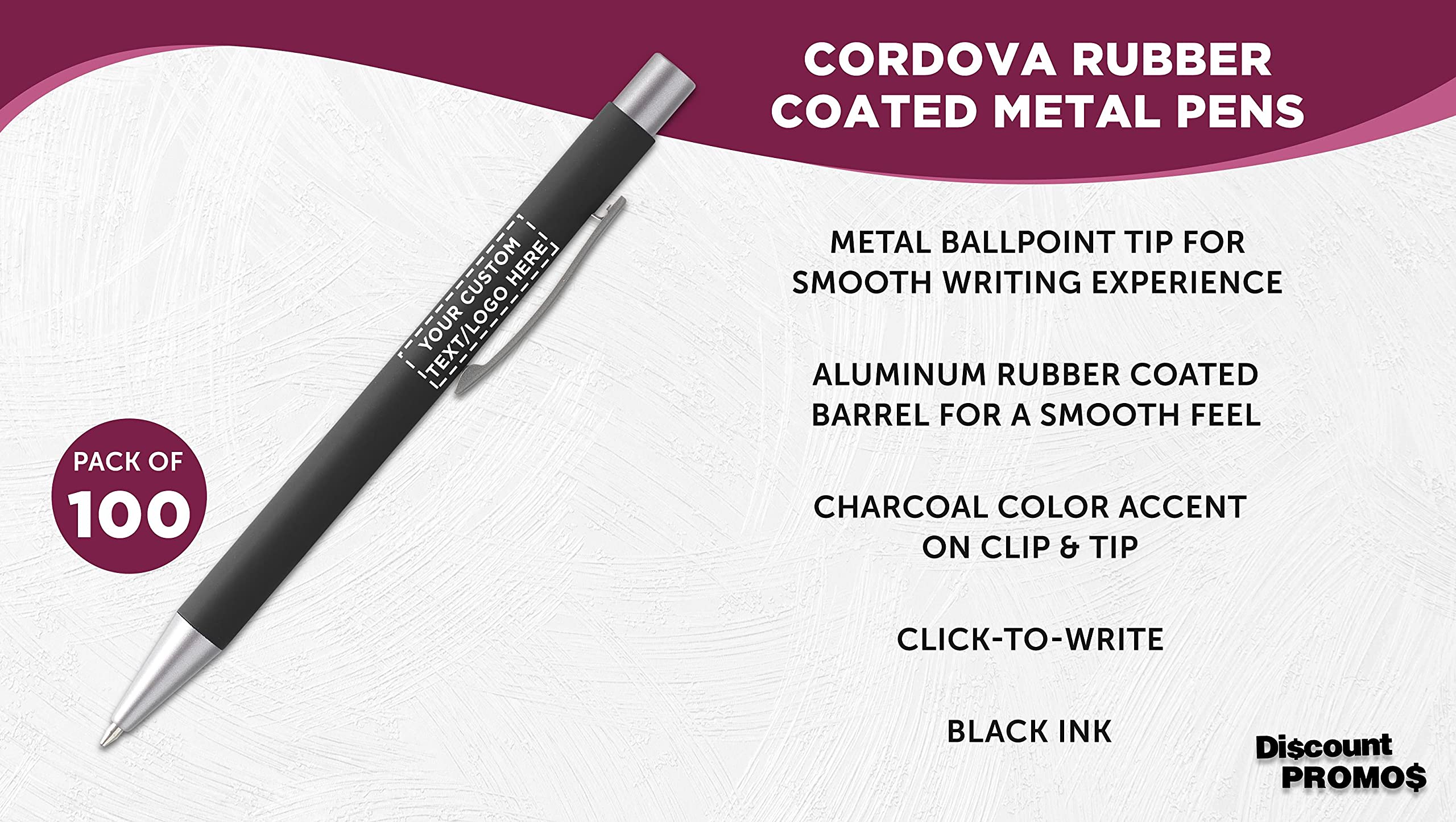 100 Pack Cordova Rubber Coated Metal Pens - Custom Logo & Text Printing - Smooth Writing Push Action Ballpoint Pens with Black Ink for Office, School & Business Promotions