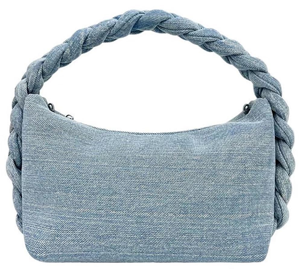 Trendy Women's Denim Clutch Handbag with Chain Strap - Stylish Jean Satchel Tote, Woven Top Handle & Crossbody Sling Bag for Casual Outings, Parties & Everyday Use