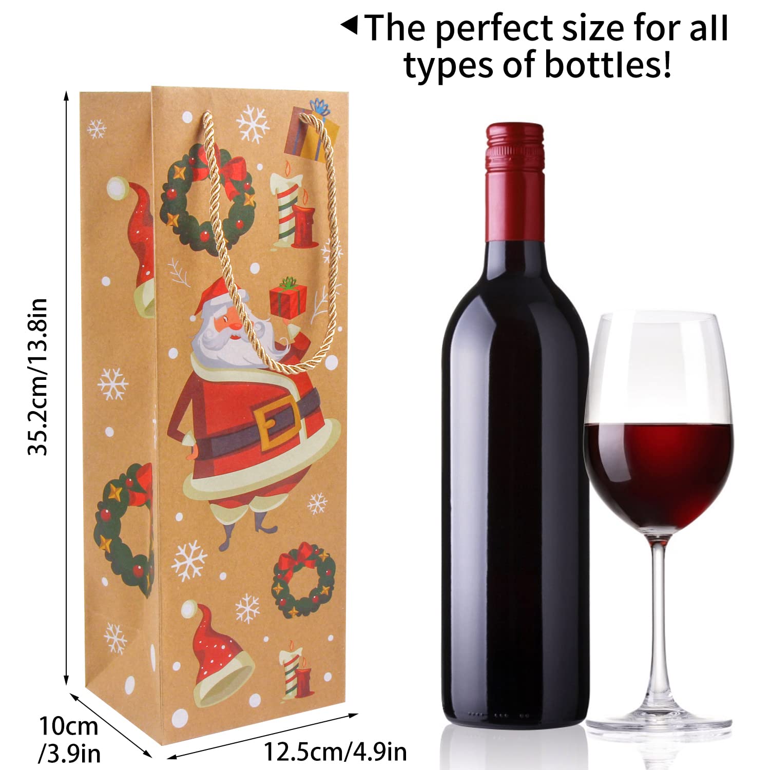 12 Pack Christmas Wine Gift Bags with Handles - Kraft Holiday Wine Bottle Bags for Party Favors & Gifts - Perfect for Christmas Parties, Hostess Gifts & Wine Exchanges