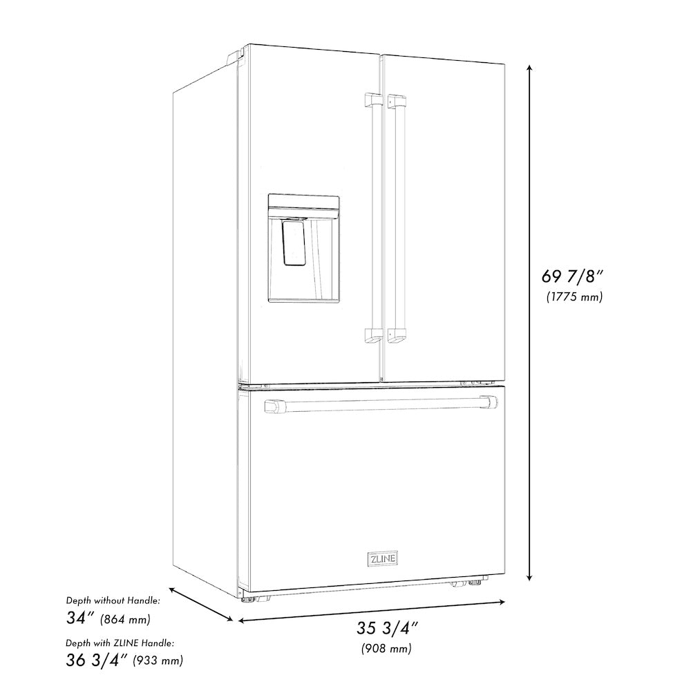 ZLINE Autograph Edition 36 Inch French Door Refrigerator - 28.9 cu ft Capacity, External Water Dispenser, Dual Ice Maker, Fingerprint Resistant Black Stainless Steel with Polished Gold Handles (RSMZ W 36 BS G) - Perfect for Modern Kitchens, Entertaining & Large Family Storage