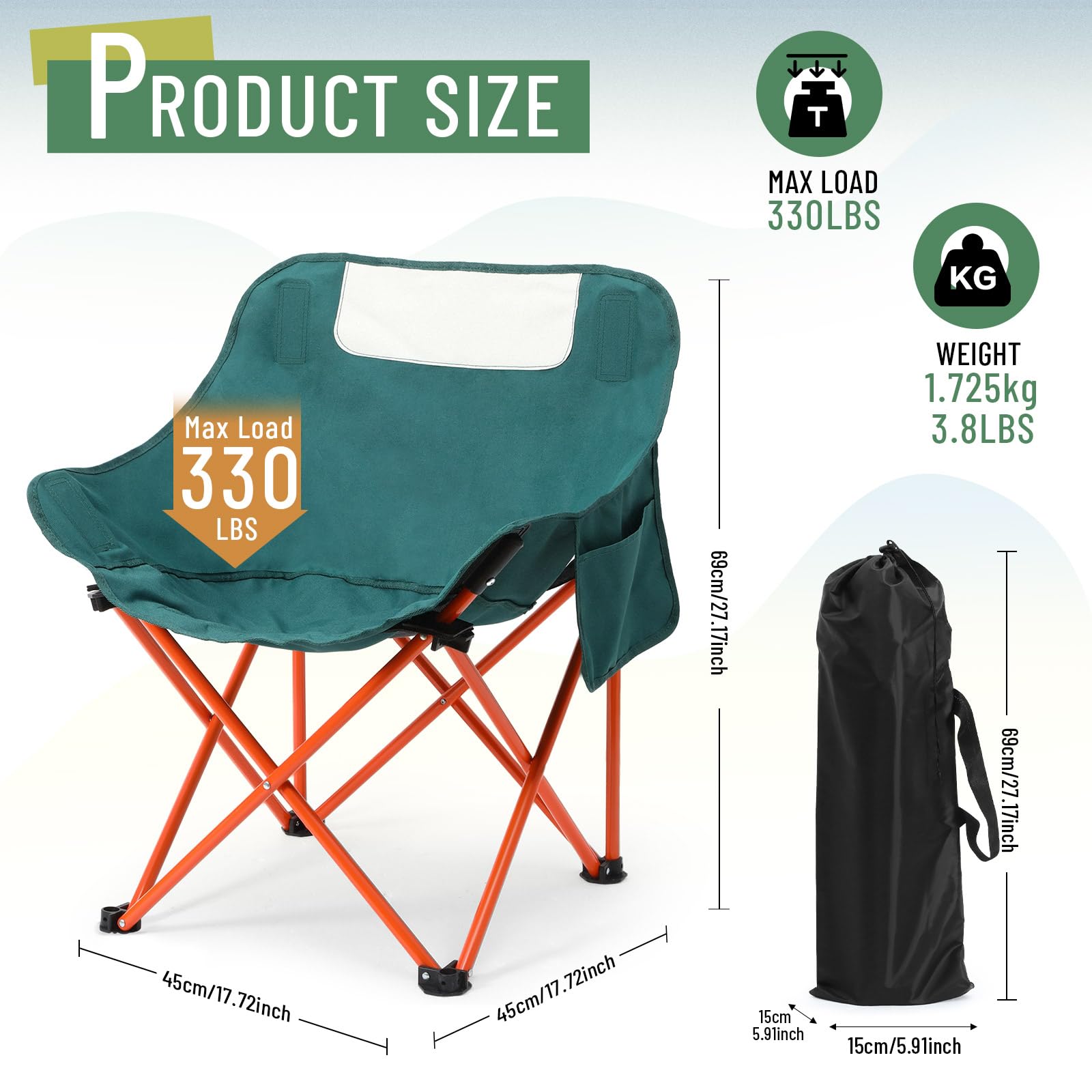 2 Pack Lightweight Portable Folding Camping Chairs - 600D Oxford Fabric, Supports 330lbs - Compact Moon Chairs with Carry Bag for Outdoor Travel, Picnic, Hiking, Beach & Fishing (Green) - Perfect for Backyard BBQs, Camping Trips, Sports Events and Beach Relaxation