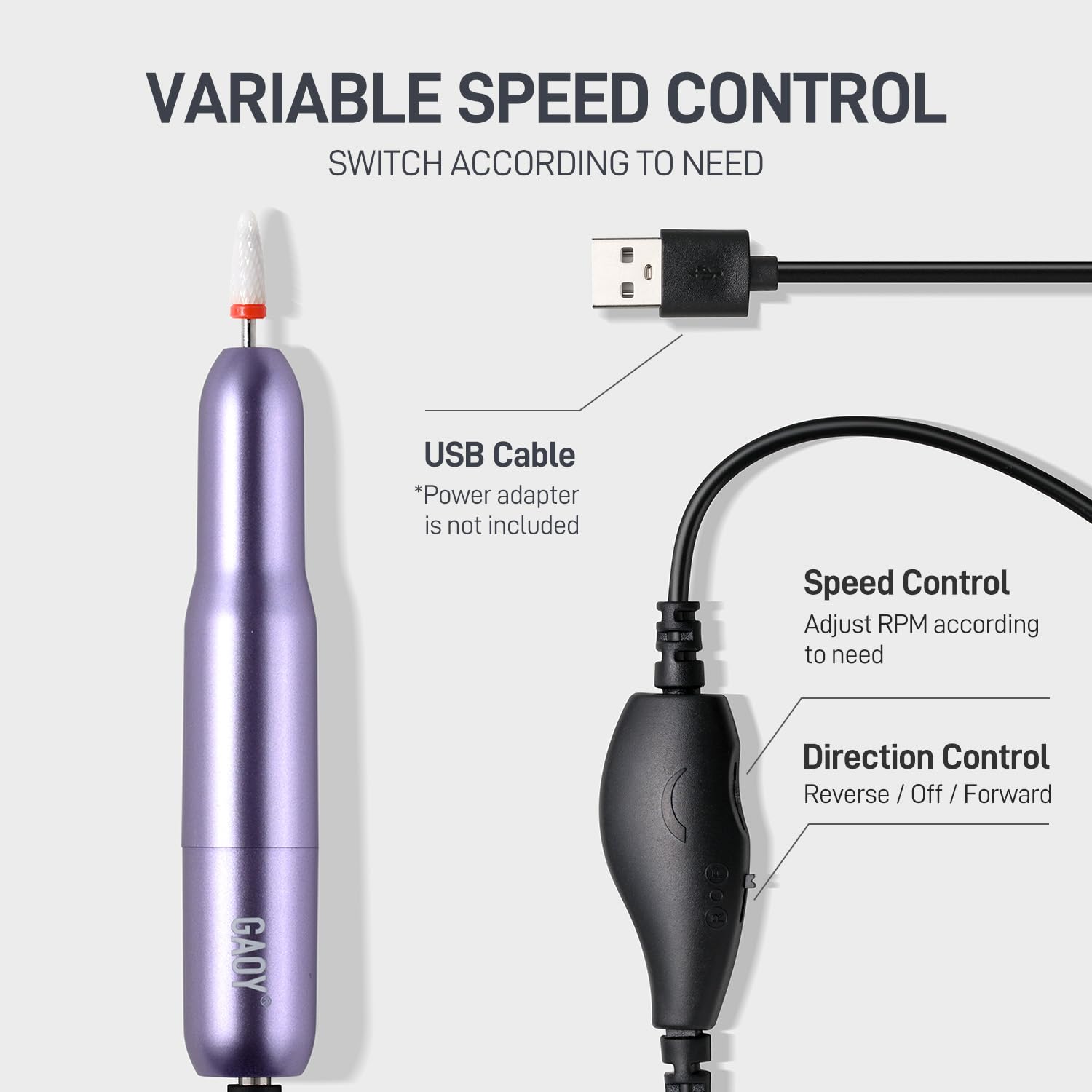 Professional GAOY Electric Nail Drill Kit for Acrylic & Gel Nails - USB Rechargeable Nail File with 6 Drill Bits - Portable Manicure Pedicure Tool for Home & Salon Use - Perfect for Nail Art, Acrylic Removal & Cuticle Care - Purple