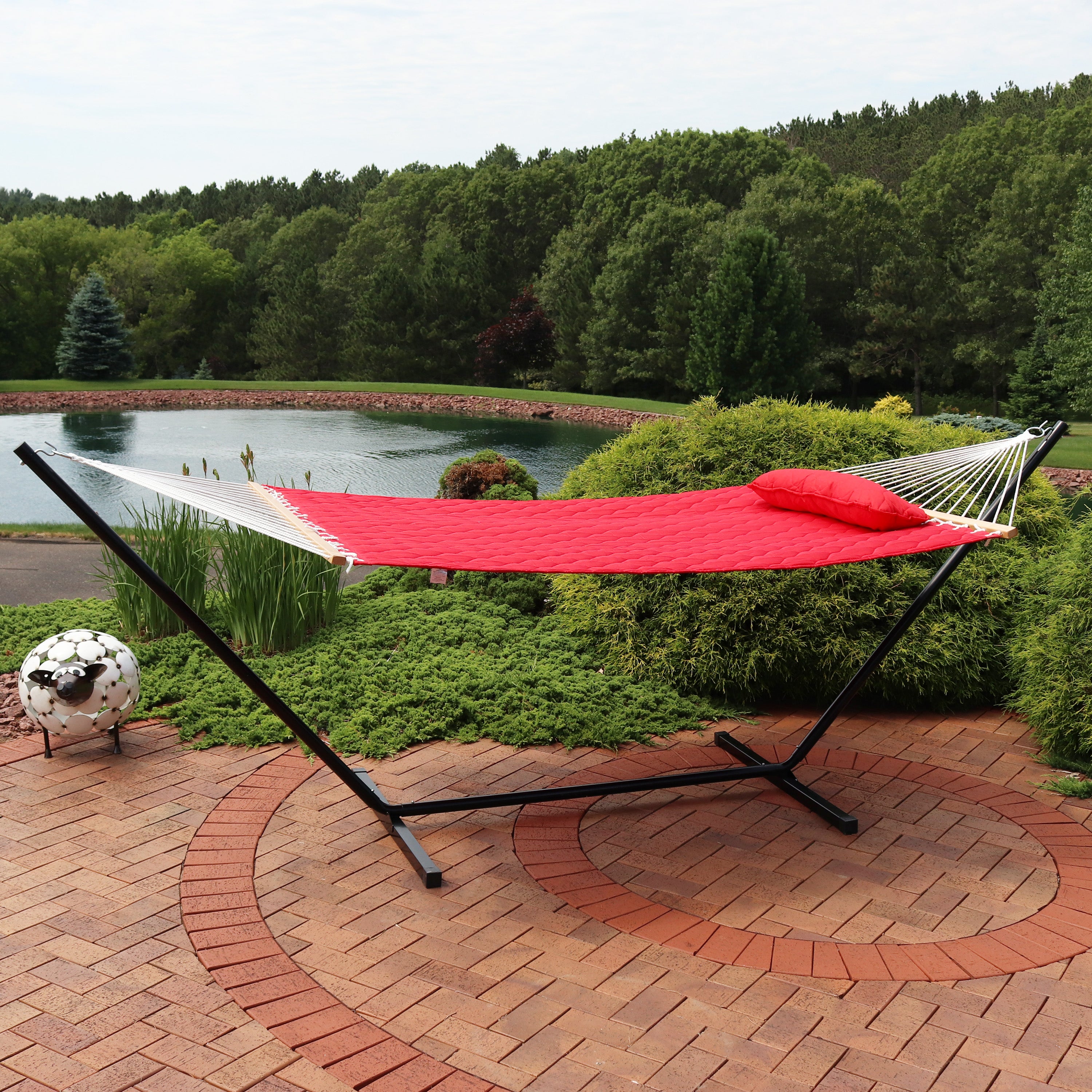 2 Person Quilted Fabric Hammock with Pillow & Stand - Portable Outdoor Hammock for Backyard, Camping & Beach Relaxation | Sunnydaze