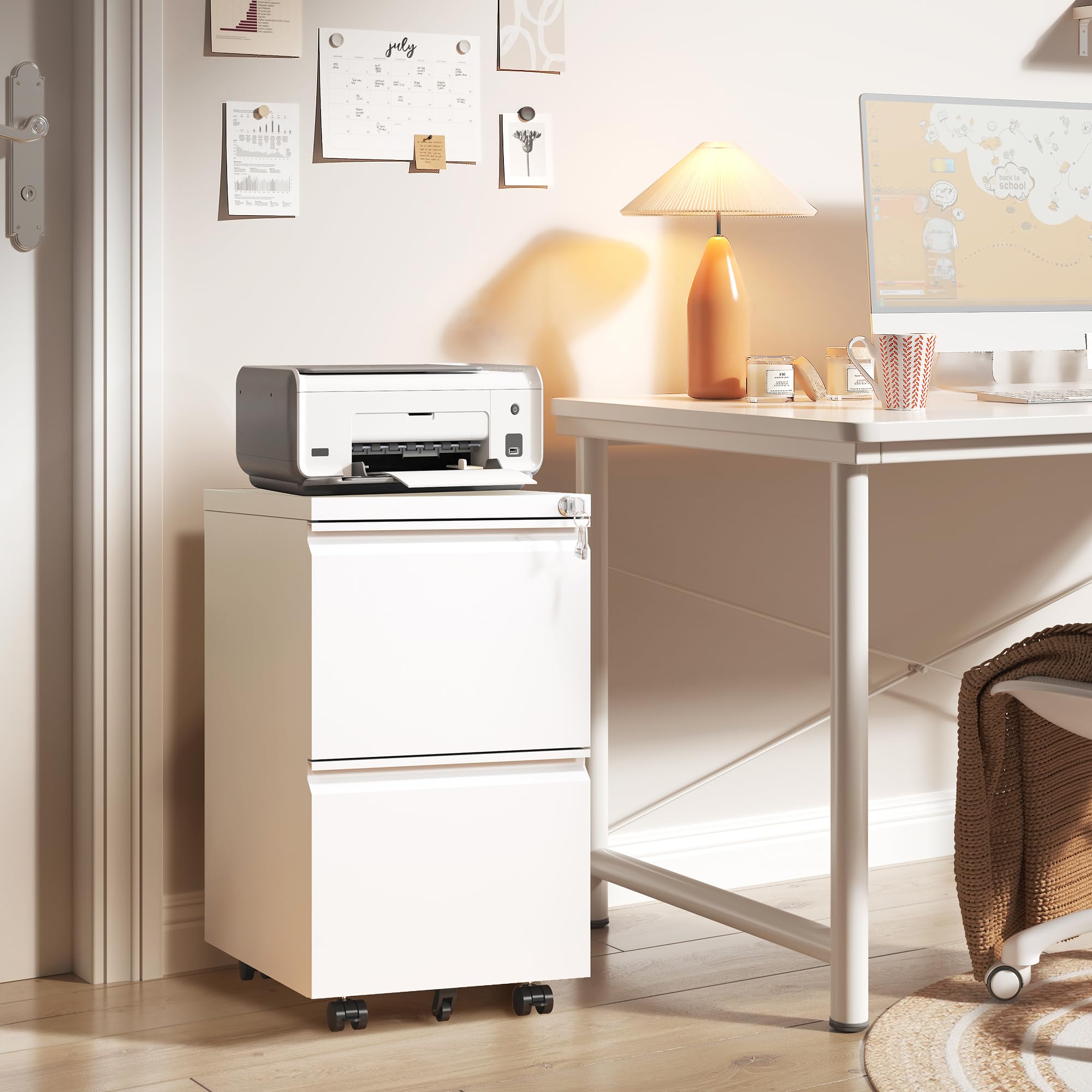2-Drawer Mobile File Cabinet with Lock & Wheels - Small Vertical Under Desk Steel Rolling Cabinet for Home Office - Organize Legal/Letter/A4 Files (White) - Perfect for Office Storage & Home Organization