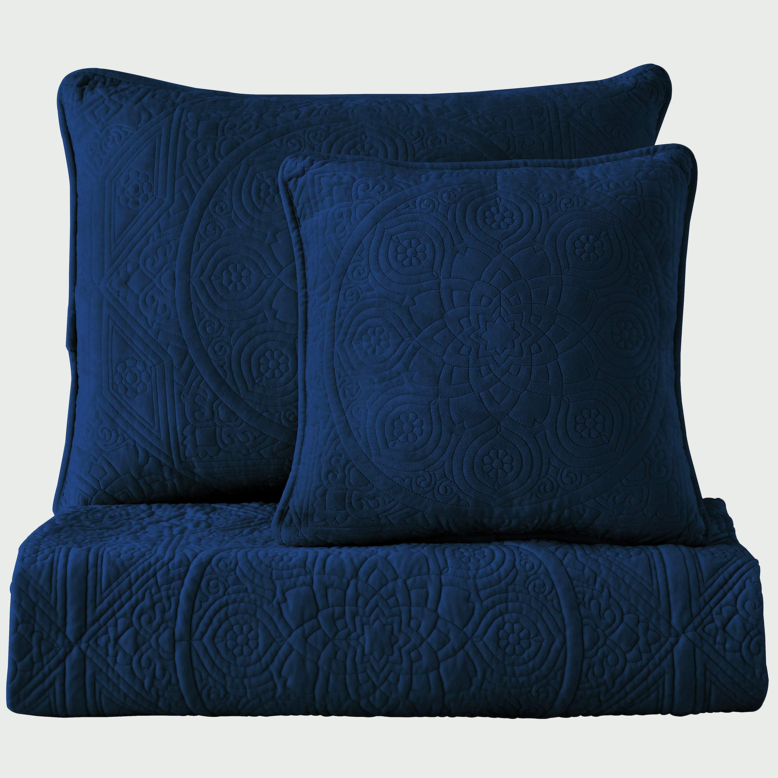 Premium Velvet Quilt Set King Size - Charlotte Luxury Heavyweight Velvet Bedding Collection with Cotton Backing & Batting, Navy Blue - Perfect for Winter Warmth & Elegant Bedroom Decor