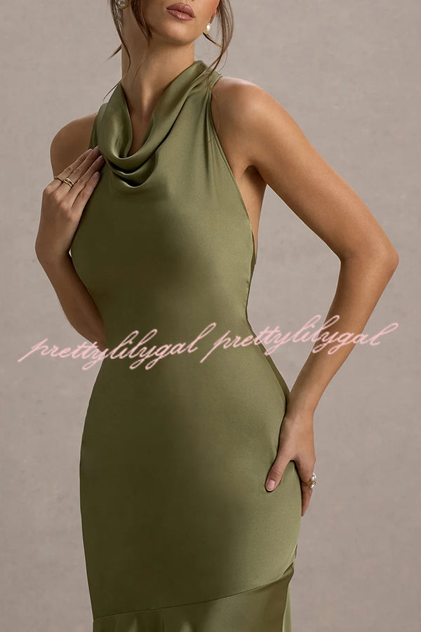 Elegant Satin Cowl Neck Maxi Dress with Back Tie Detail - Perfect for Evening Parties, Weddings & Special Occasions