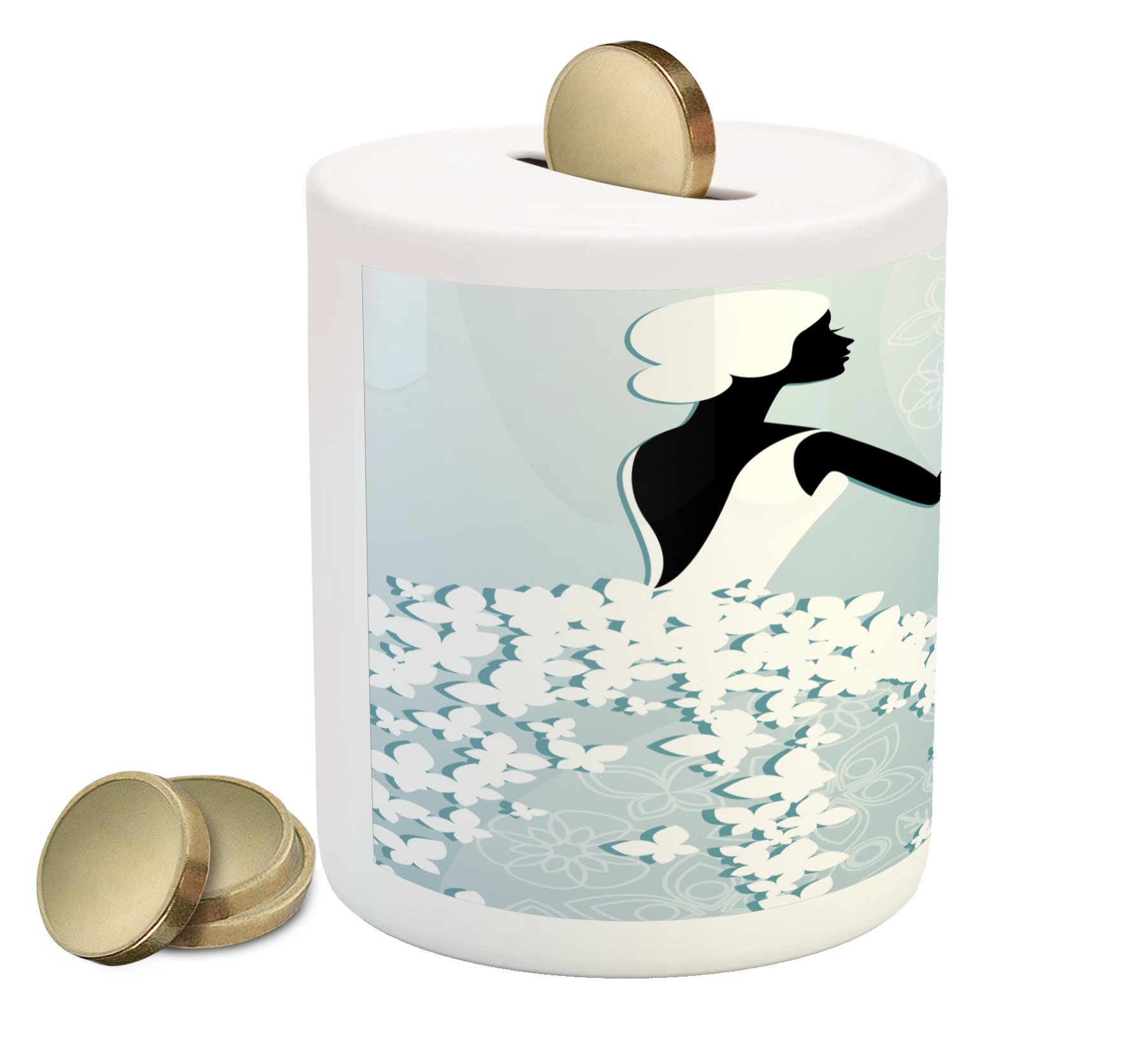 Ambesonne Bridal Shower Ceramic Piggy Bank - Bride in Butterfly Dress with Abstract Floral Print, Money Box for Cash Saving (Pale Blue & White) - Perfect Wedding Gift, Bridal Party Decoration & Savings Jar for Newlyweds