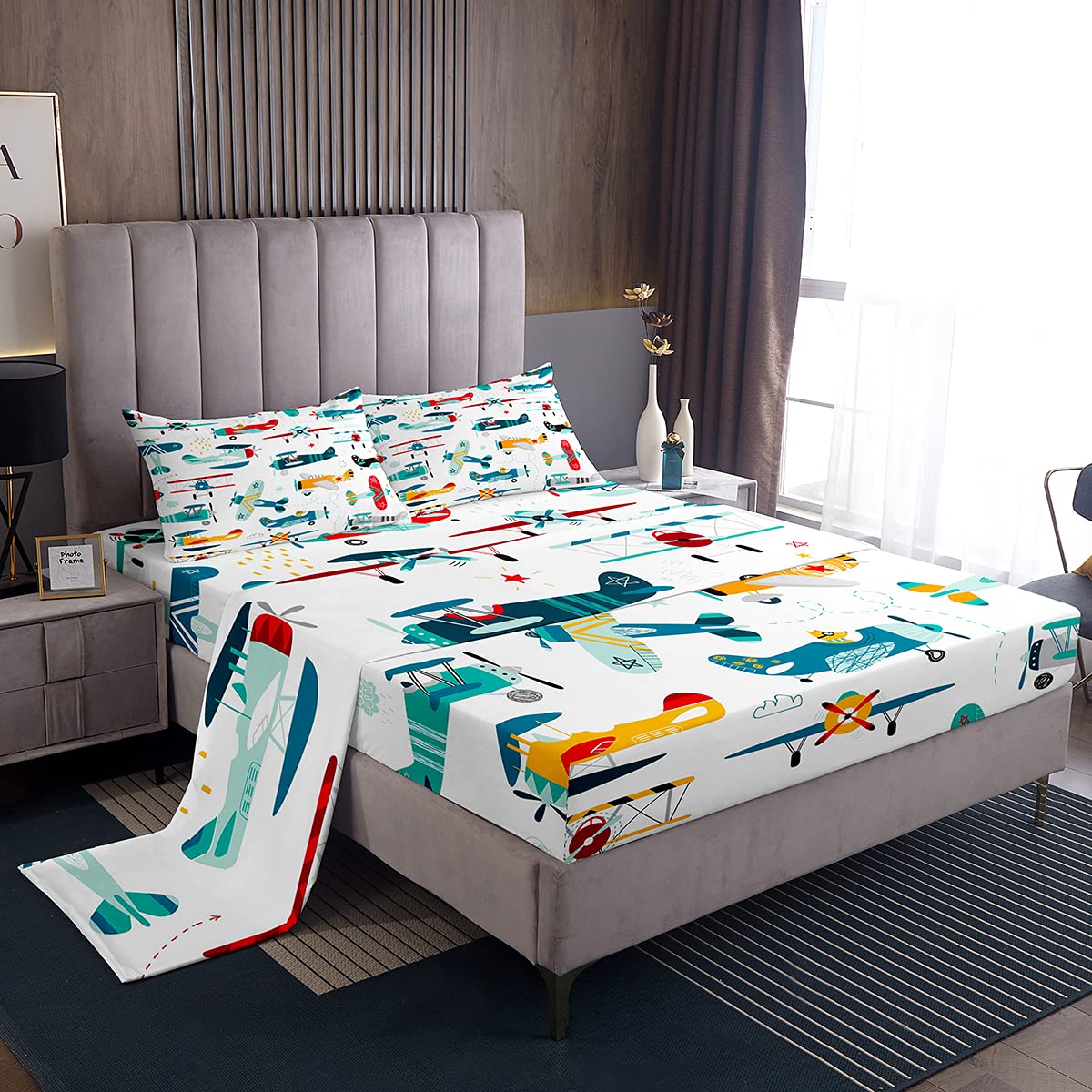 Feelyou Twin Sheets Aircraft Bedding Set for Boys - Kids Cartoon Helicopter Airplane 4-Piece Bed Set | Soft & Cozy Toddler Sheets with Cute Flying Plane Design | Perfect for Kids' Rooms, Nursery Decor & Airplane Themed Bedrooms