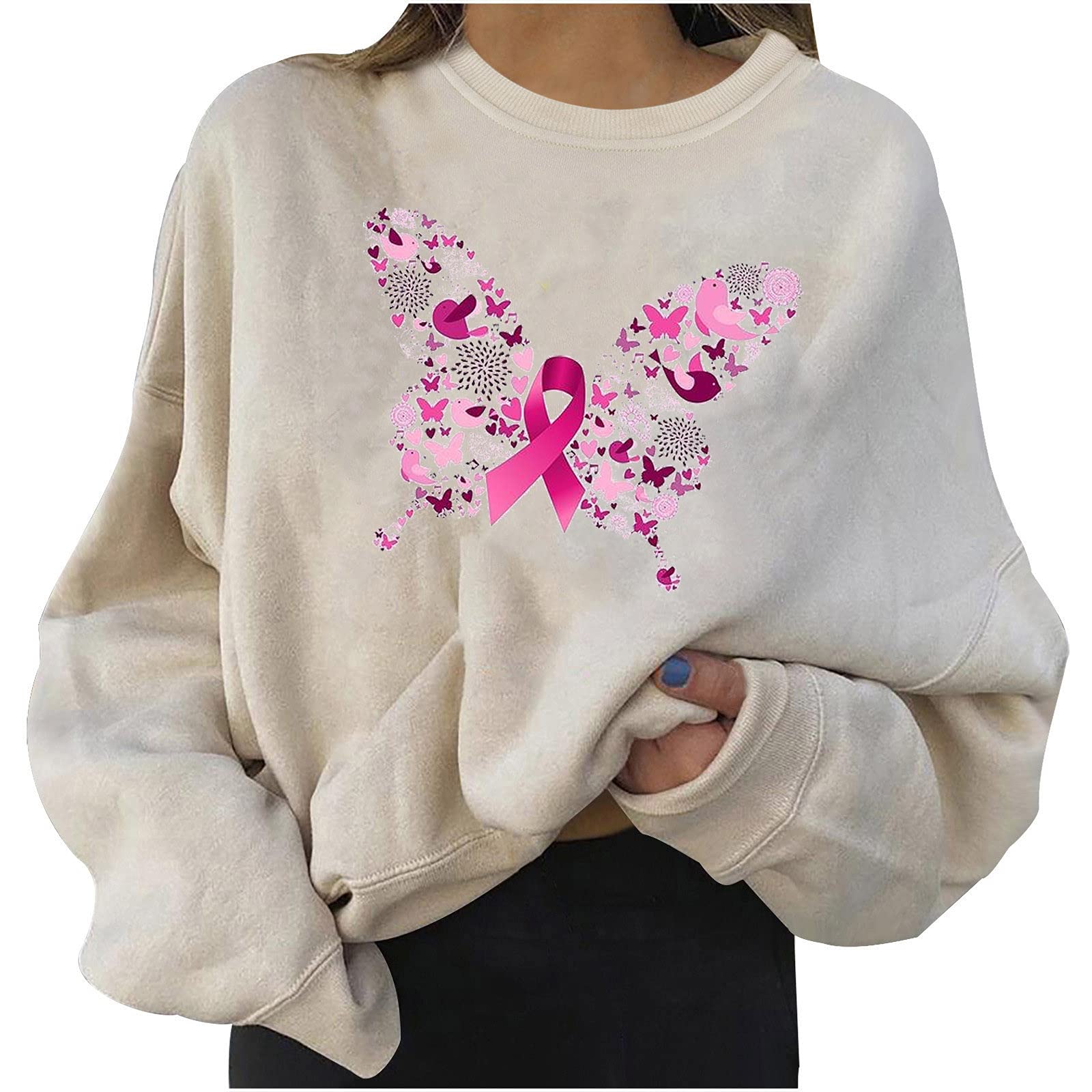 Pink Ribbon Breast Cancer Awareness Shirts for Women - Long Sleeve Cropped Tops, Round Neck Pullover - Perfect for Fundraising Events, Survivor Support & Awareness Campaigns