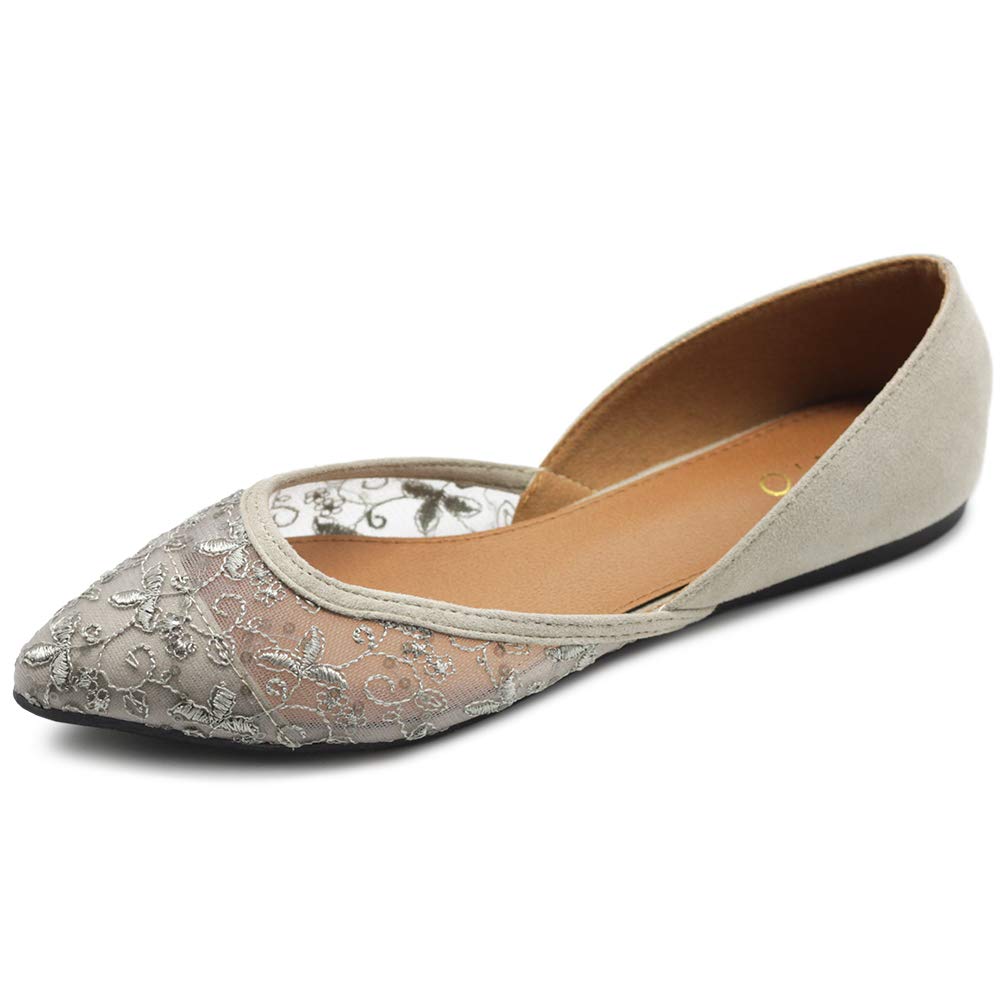 Ollio Women's Pointed Toe Ballet Flats - Faux Suede Floral Lace Breathable Mesh Shoes for Women | Perfect for Work, Weddings & Casual Outfits