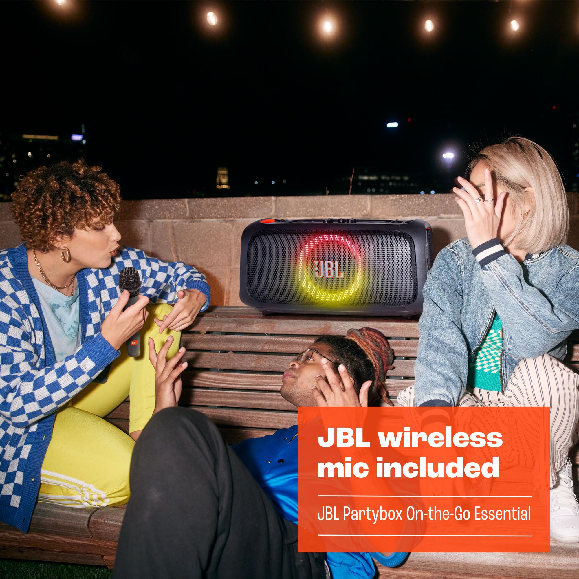 JBL PartyBox On-The-Go Essential - Portable Bluetooth Party Speaker with Built-in LED Lights & Wireless Mic | Pro Sound Quality, IPX4 Water Resistant, 6-Hour Battery Life, Shoulder Strap | Perfect for Outdoor Parties, Beach Trips & Camping