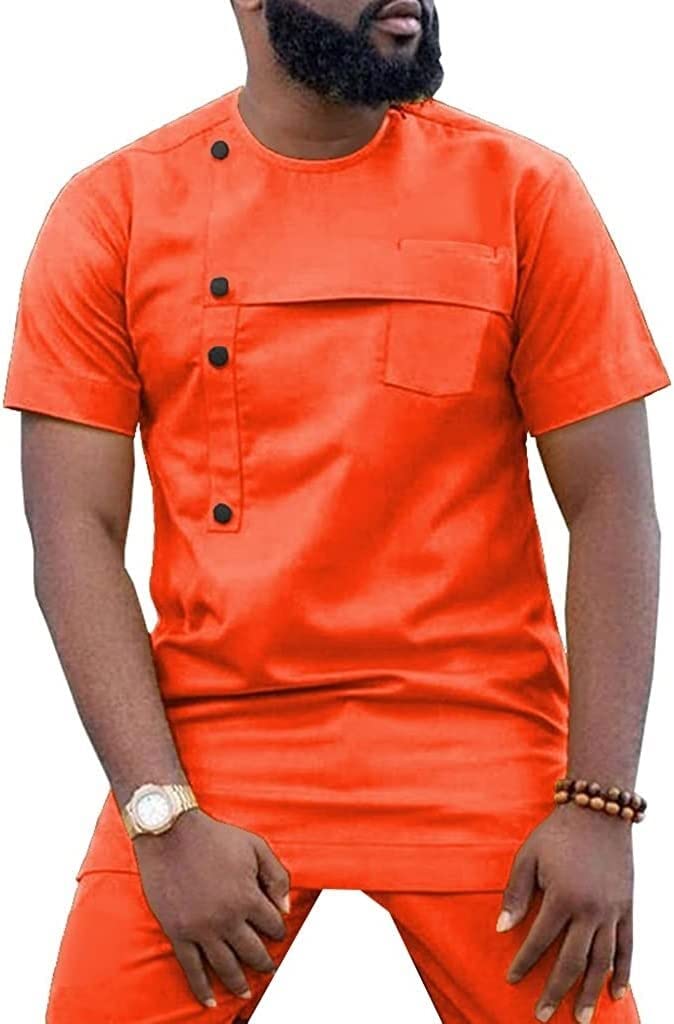 African Dashiki Suit for Men - Cotton Short Sleeve Traditional Tribal Shirt & Pants Set - Red XL - Perfect for Cultural Events, Weddings & Summer Outfits
