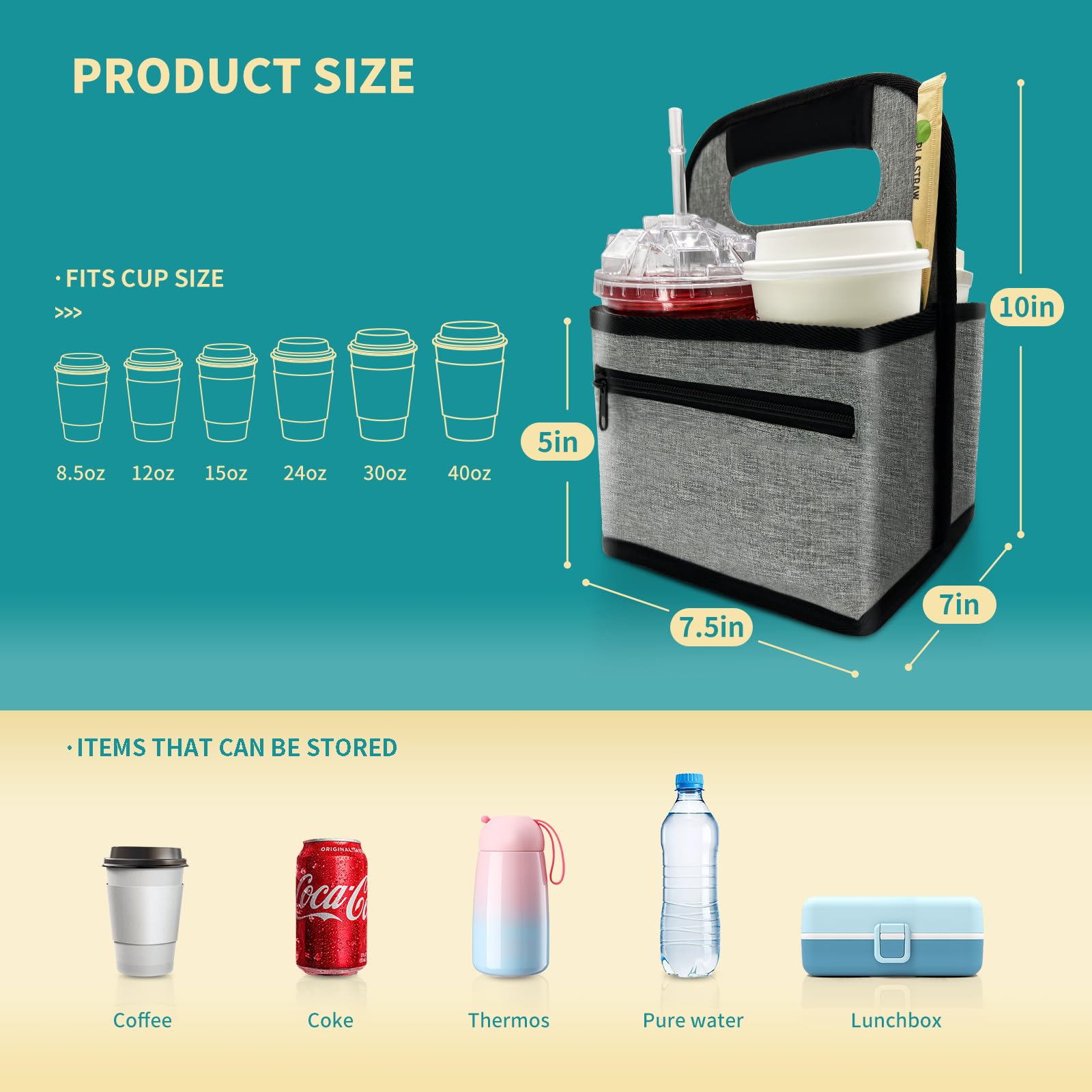 **Neoprene Reusable Coffee Cup Holder - Insulated Tote Bag for Hot & Cold Beverages with 2 Organizer Pockets | Perfect for Coffee Lovers, Takeout, Delivery & Commuting (Gray)**