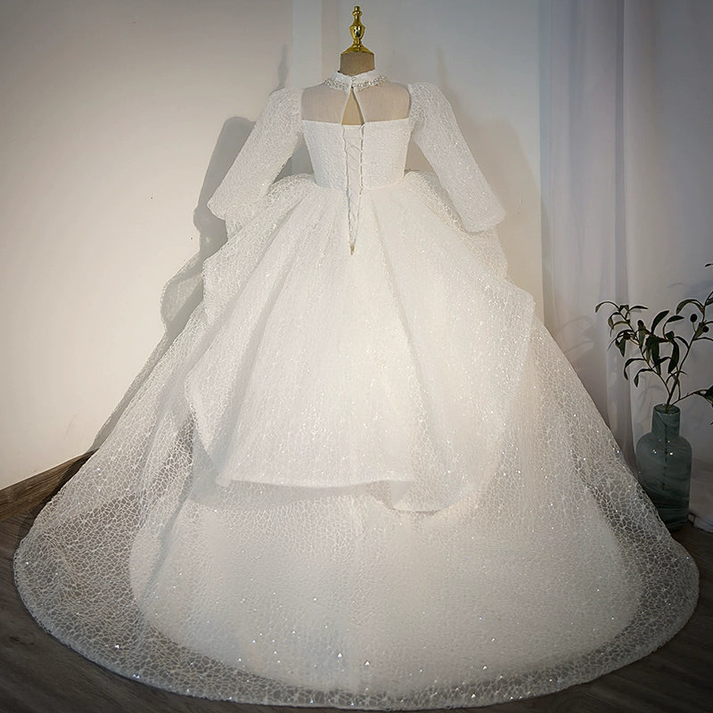Princess Mock Neck Floor Length Tulle Flower Girl Dress in White - Perfect for Weddings, Pageants, and Special Occasions