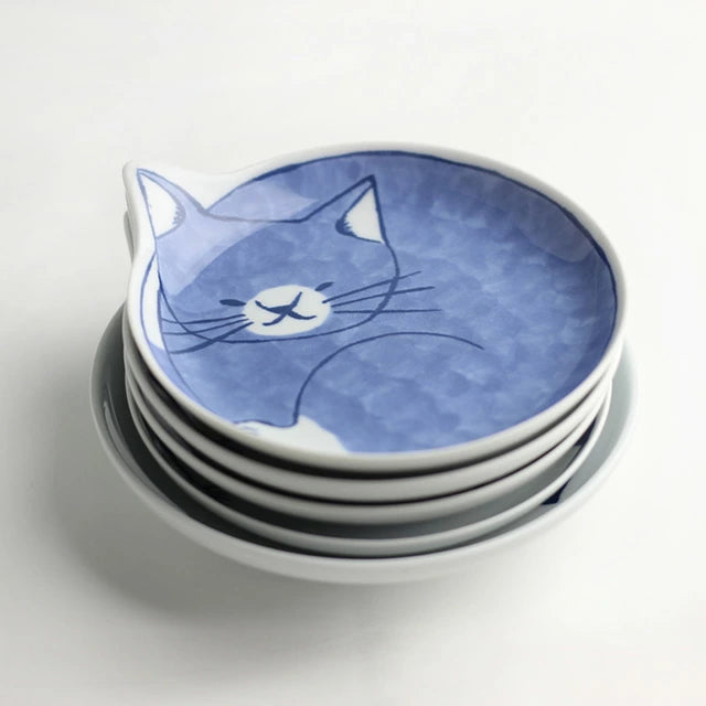 Premium Hasami Yaki Ceramic Plate Set - 5-Piece Japanese Stoneware Dinner Plates for Cat Lovers | Elegant Tableware for Home Dining, Restaurants & Gift Giving