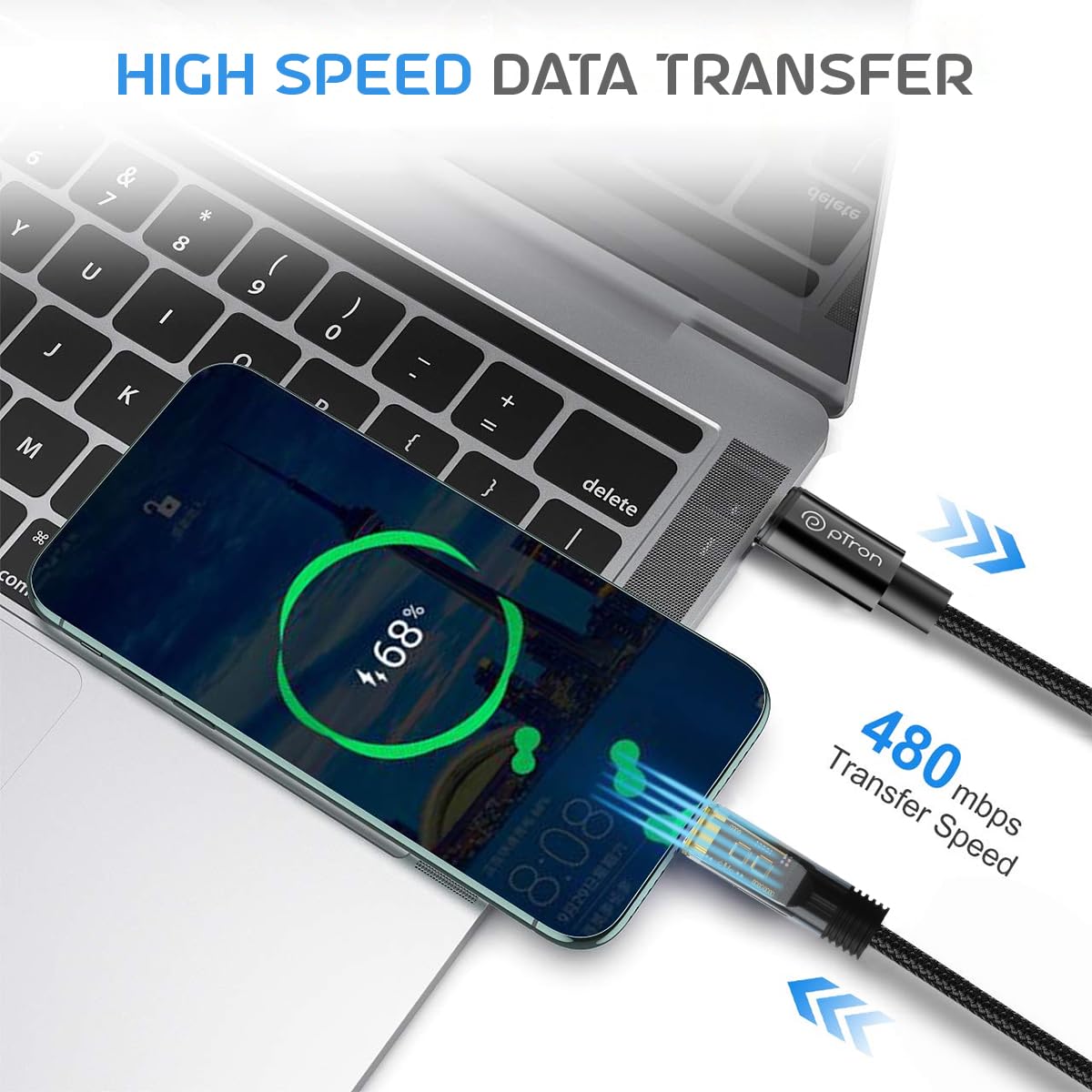 pTron Solero 80W Fast Charging USB Type-C Cable (1M, Black) - High-Speed 480Mbps Data Sync, Durable Nylon Braid - Compatible with Samsung, OnePlus, Oppo, Vivo, Xiaomi & More - Perfect for Travel, Office & Home Charging