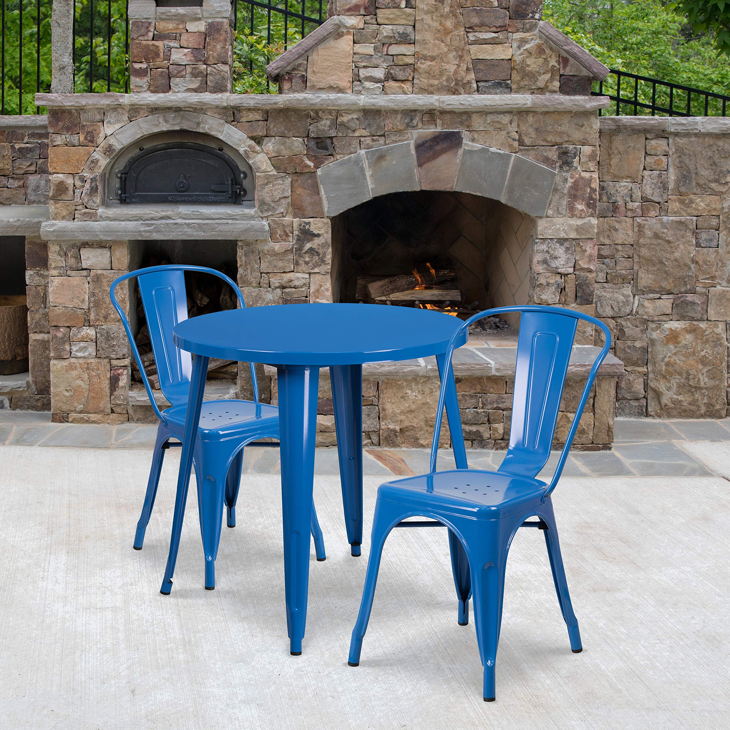 EMMA + OLIVER 30-Inch Round Blue Metal Bistro Table Set with 2 Matching Chairs - Indoor/Outdoor Cafe Dining, Patio Furniture for Restaurants, Coffee Shops & Home Use