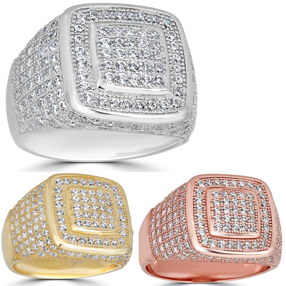 925 Sterling Silver Men's Iced Pinky Ring - Square Hip Hop Jewelry in Yellow, Rose & Natural Silver - Perfect for Gifts, Parties & Streetwear Fashion