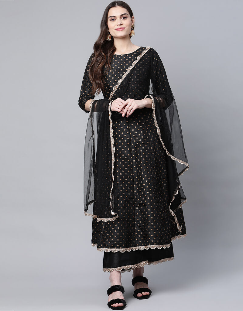 Elegant Black Poly Silk Salwar Suit with Palazzo Pants - Perfect for Weddings, Parties & Festive Occasions