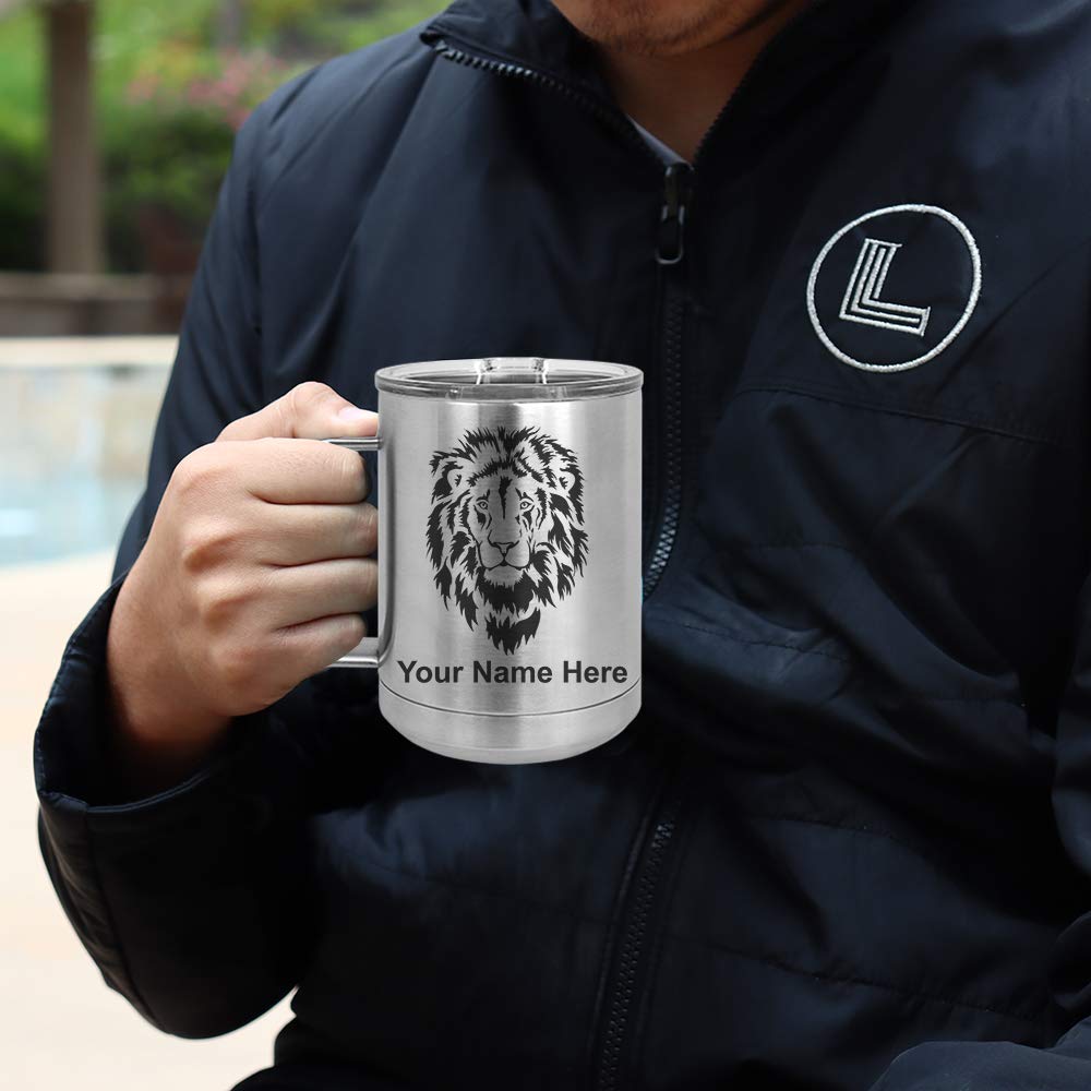 LaserGram 15oz Vacuum Insulated Stainless Steel Coffee Mug with Lion Head Design - Personalized Engraving Included | Keeps Drinks Hot/Cold for Hours | Perfect for Office, Travel, Camping & Outdoor Activities
