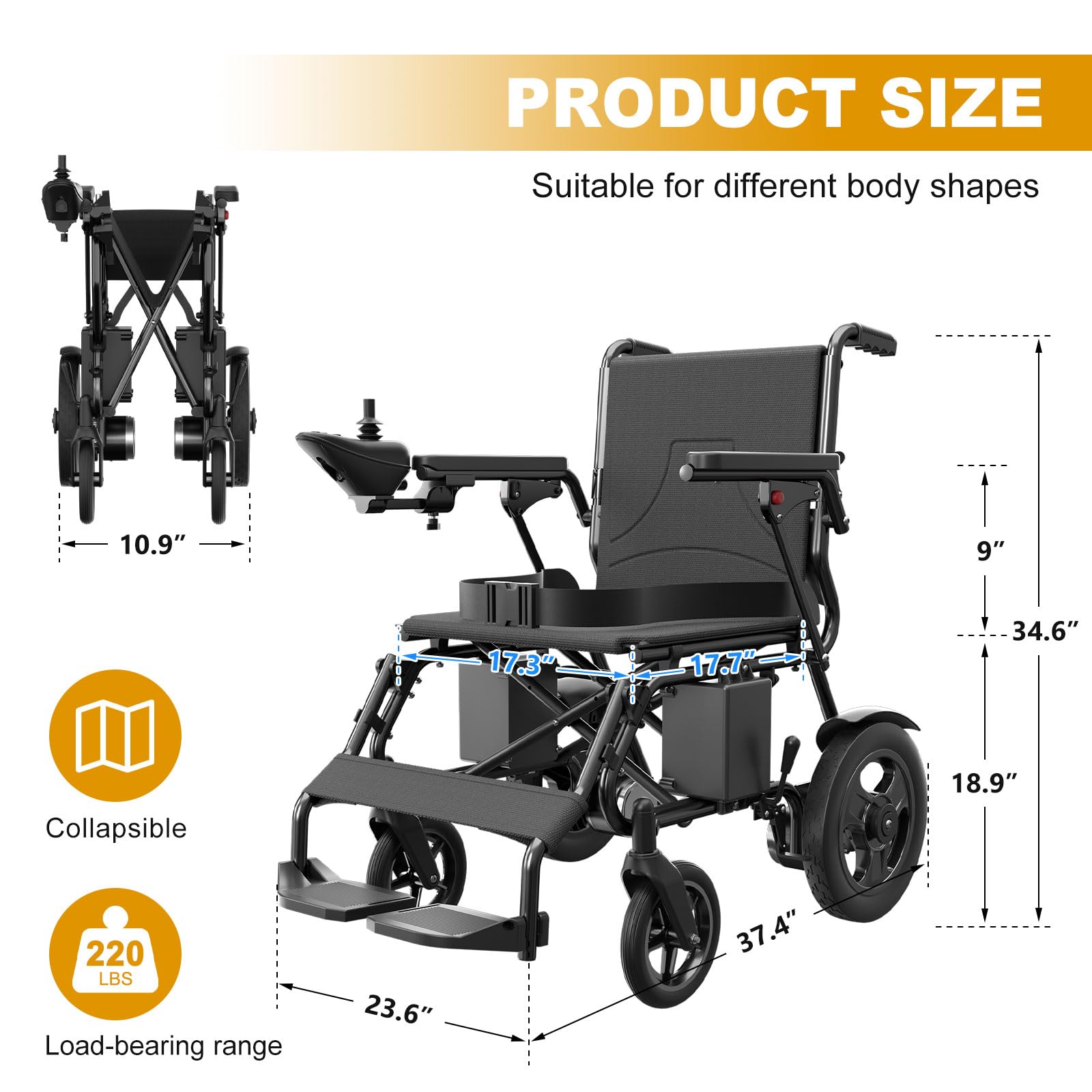 **Lightweight Foldable Electric Wheelchair for Adults - POWET Smart Motorized Wheelchair with Dual Motors, 15-Mile Range, All-Terrain Capability (Black) - Ideal for Indoor/Outdoor Use, Travel & Daily Mobility**