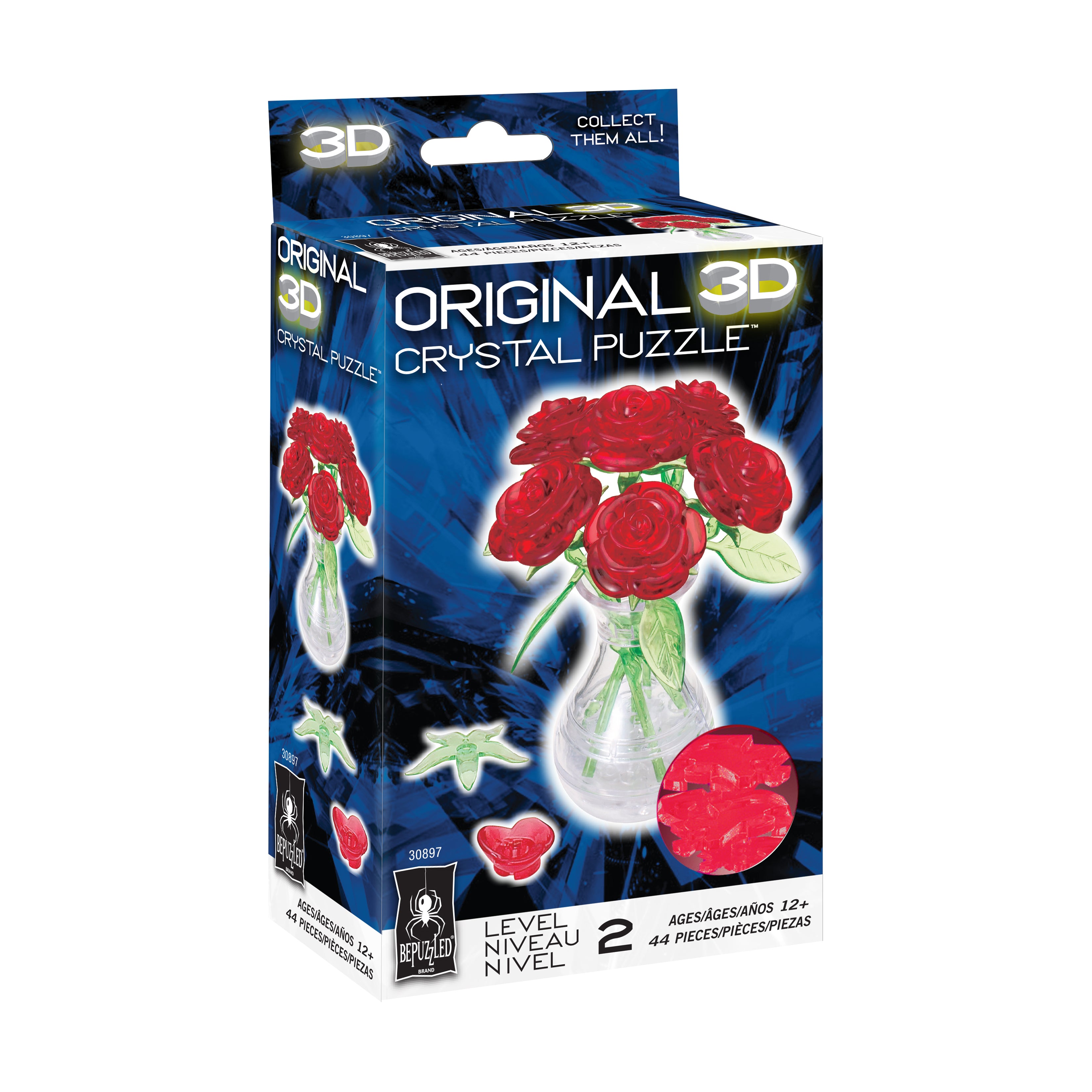 Blossom & Bloom 3D Crystal Puzzle - 44 Piece Rose in Vase Brain Teaser for Adults | Perfect Gift for Puzzle Lovers & Home Decor