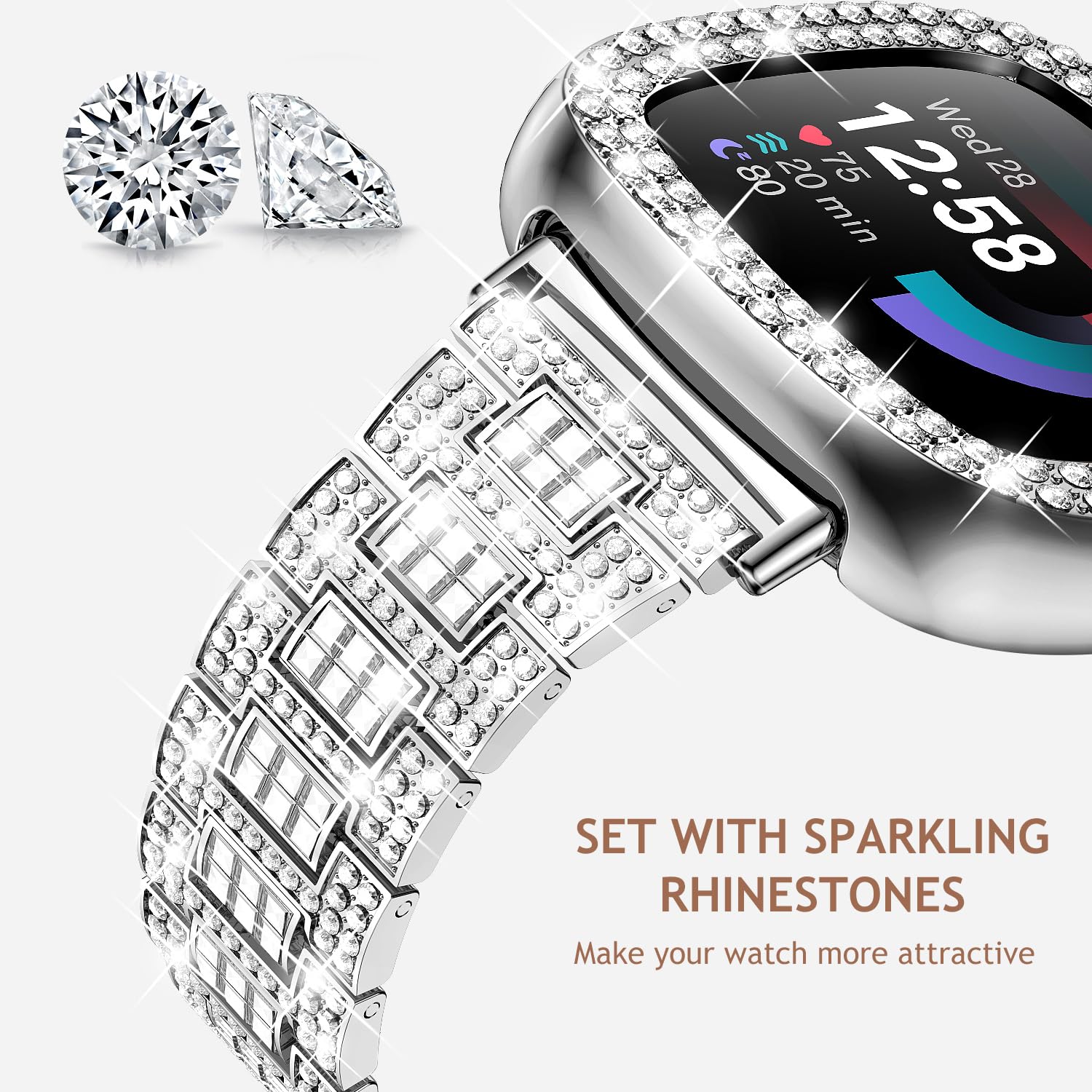 Dsytom Bling Stylish Watch Band - Compatible with Fitbit Versa 4/3, Sense 2/1 - Rhinestone Bracelet Strap with Protective Case Cover for Women | Elegant Accessory for Work, Party & Everyday Wear