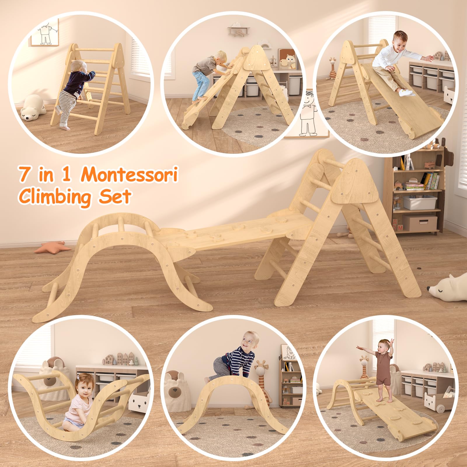 Montessori Climbing Toys for Toddlers - Pikler Triangle & Arch Set with Ramp - Indoor Playground Equipment for Kids - Perfect for Home, Daycare & Montessori Learning Activities