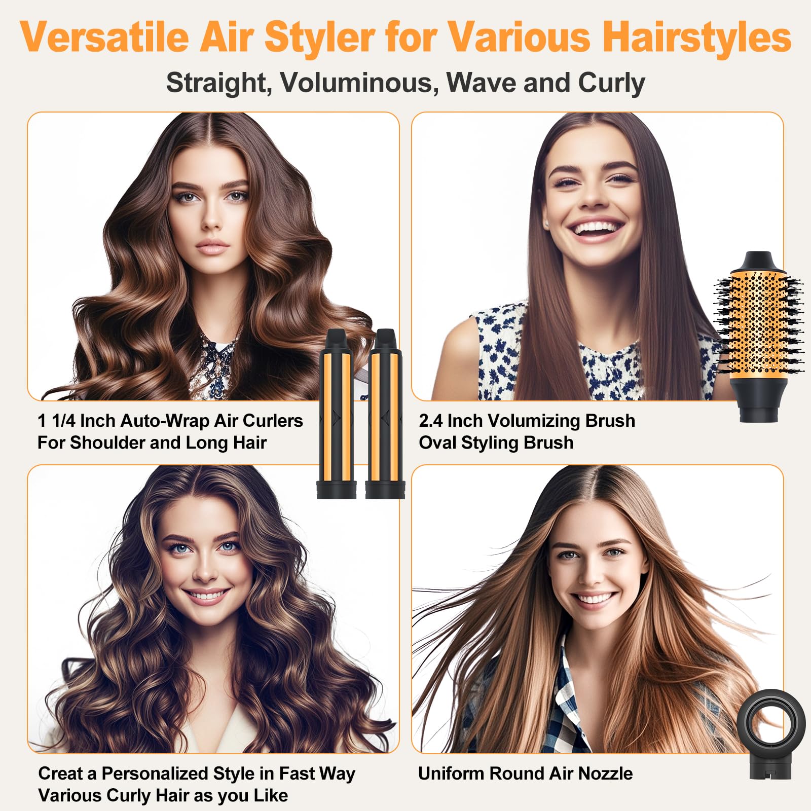 Professional Air Styler Hair Dryer Brush - 110,000 RPM Powerful Blow Dryer for Fast Drying, Curling & Volumizing | Auto-Wrap Curlers, Oval Brush & Round Nozzle | Salon-Quality Styling at Home (Black-Orange) - Perfect for Daily Hair Care, Salon Styling & Travel