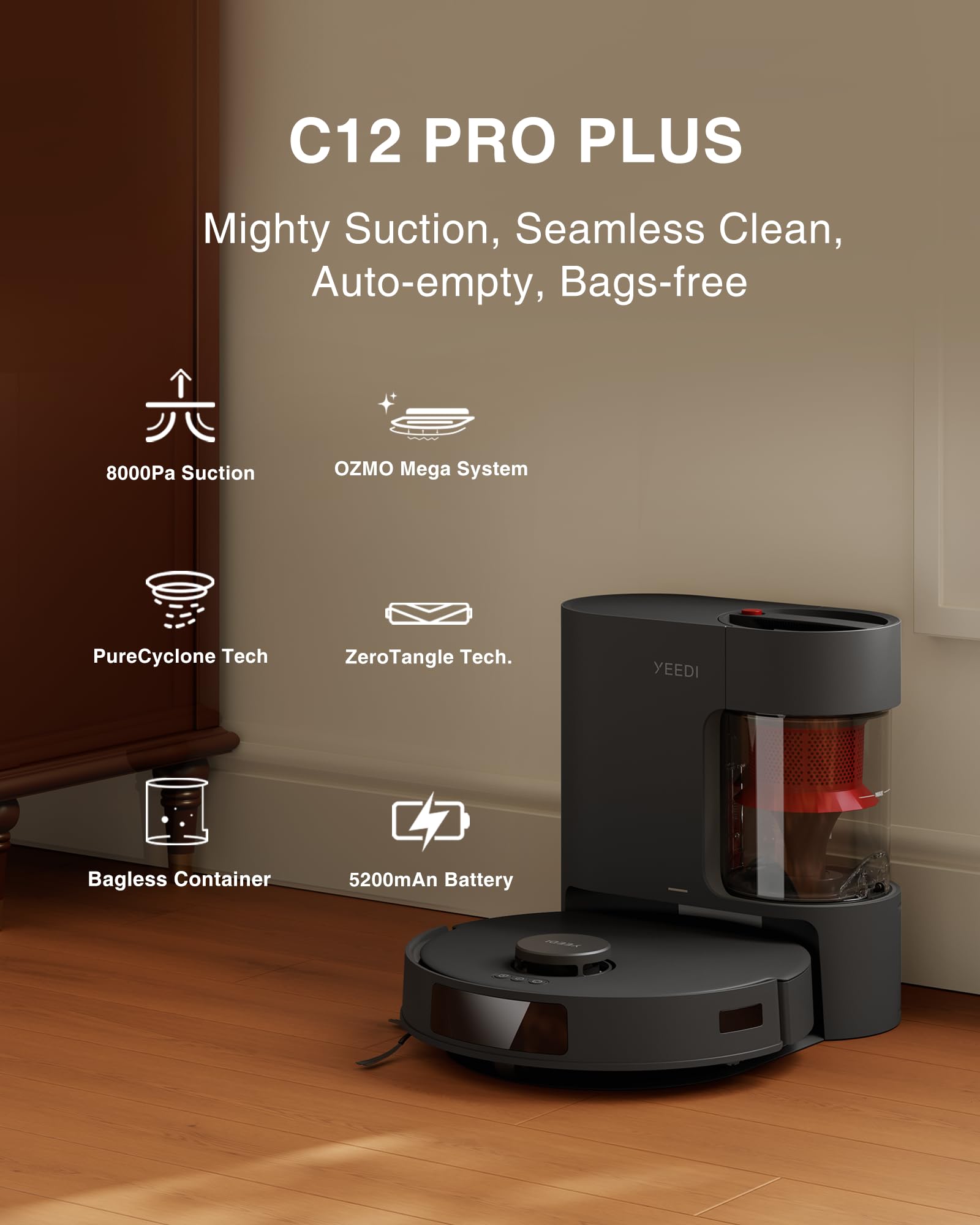 Yeedi C12 PRO Plus Robot Vacuum and Mop Combo with 3 Washable Mop Pads - Smart Cleaning for Hardwood Floors and Pet Hair - Perfect for Homes with Pets and Busy Families