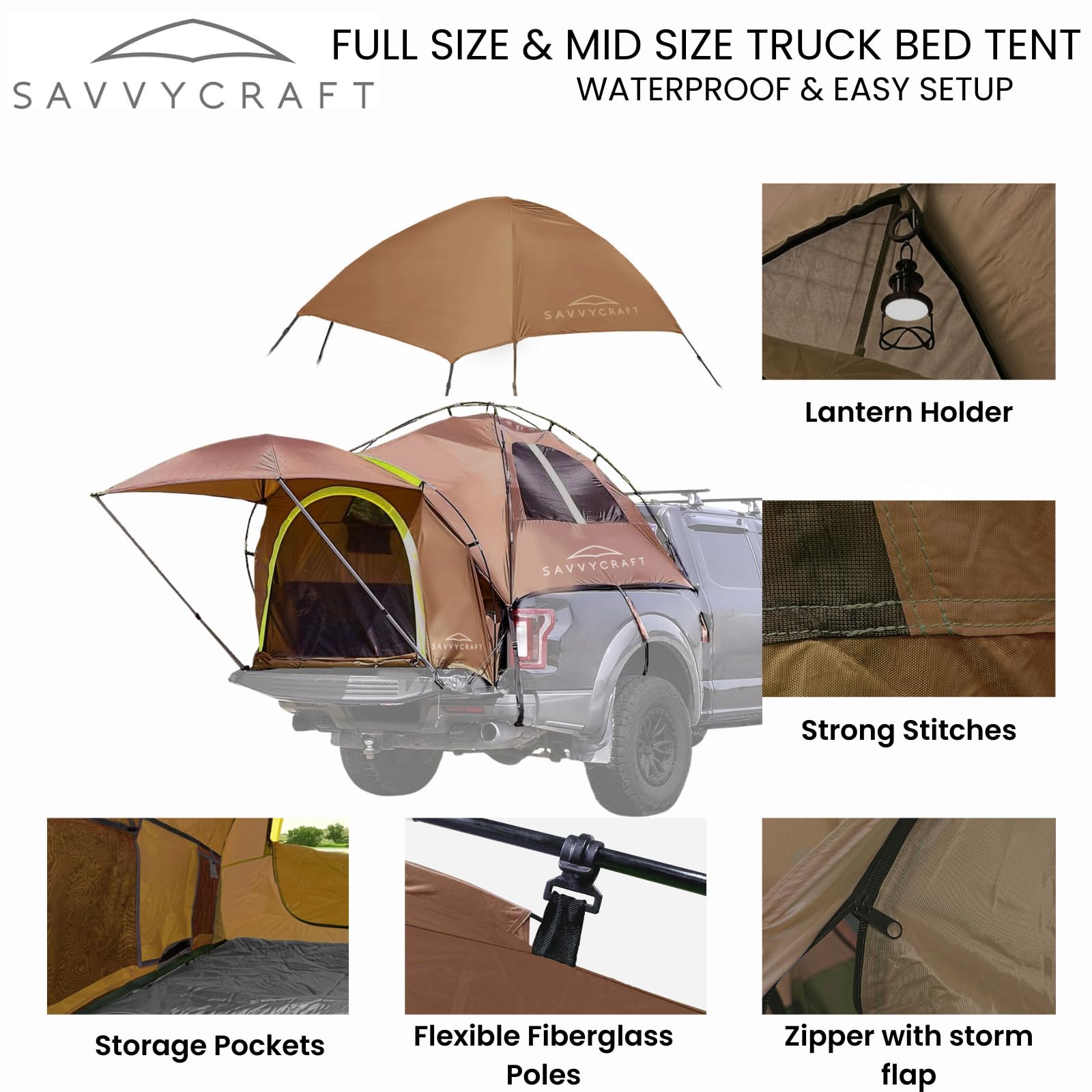 Savvycraft Waterproof Pickup Truck Tent for Full & Mid Size Trucks - P3000mm Double Layer 2-Person Camping Tent with Expandable Awning, Rainfly & Storage Bag - Perfect for Outdoor Adventures, Road Trips & Camping