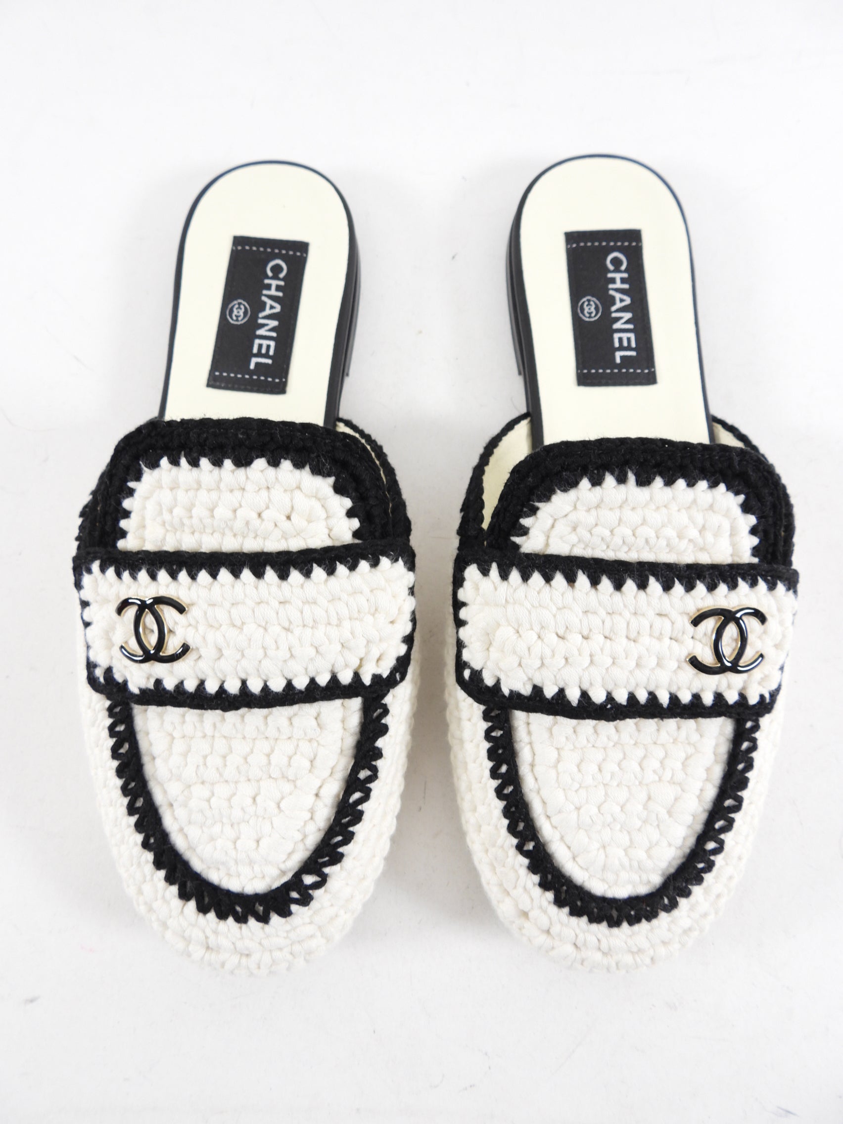 Chanel 2023 Black & White Knit CC Logo Mules - Size 37 | Luxury Designer Slip-On Shoes for Women | Perfect for Casual Outings & Office Wear