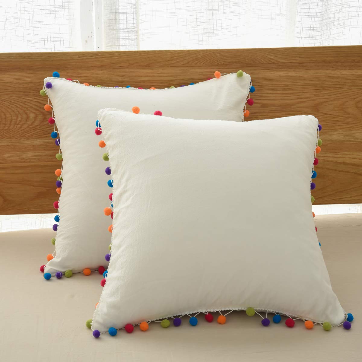 Softta Euro Sham Covers 26 x 26 Inch - Pack of 2 Vintage Ethnic Throw Pillow Covers with Pompom Trim, 100% Washed Cotton, White - Perfect for Boho Bedroom Decor, Living Room Accent, or Cozy Farmhouse Style
