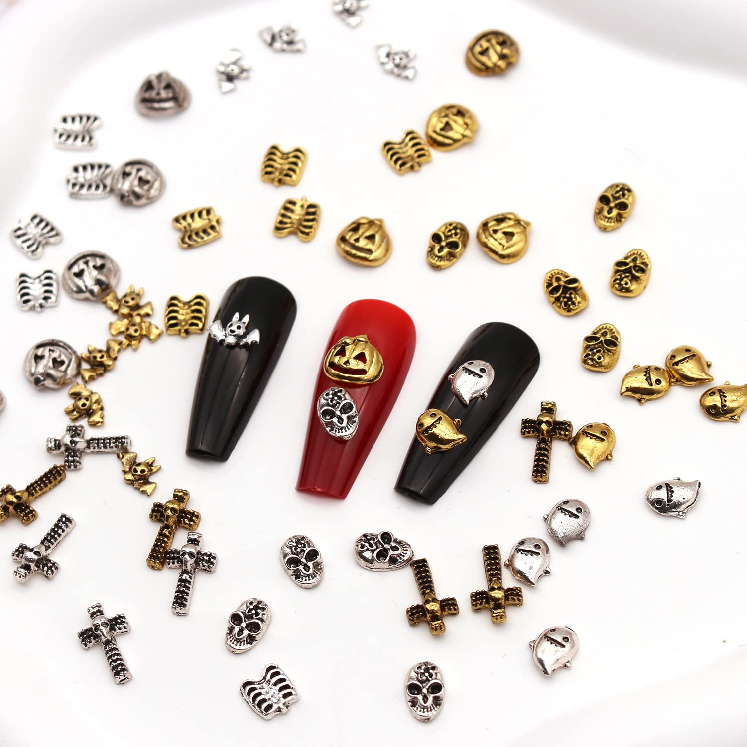 60pcs Halloween Nail Charms Set - 3D Alloy Nail Art Decorations with Cross, Pumpkin, Bat & Skull Designs for DIY Manicure - Perfect for Halloween Party, Cosplay & Nail Salon Decoration