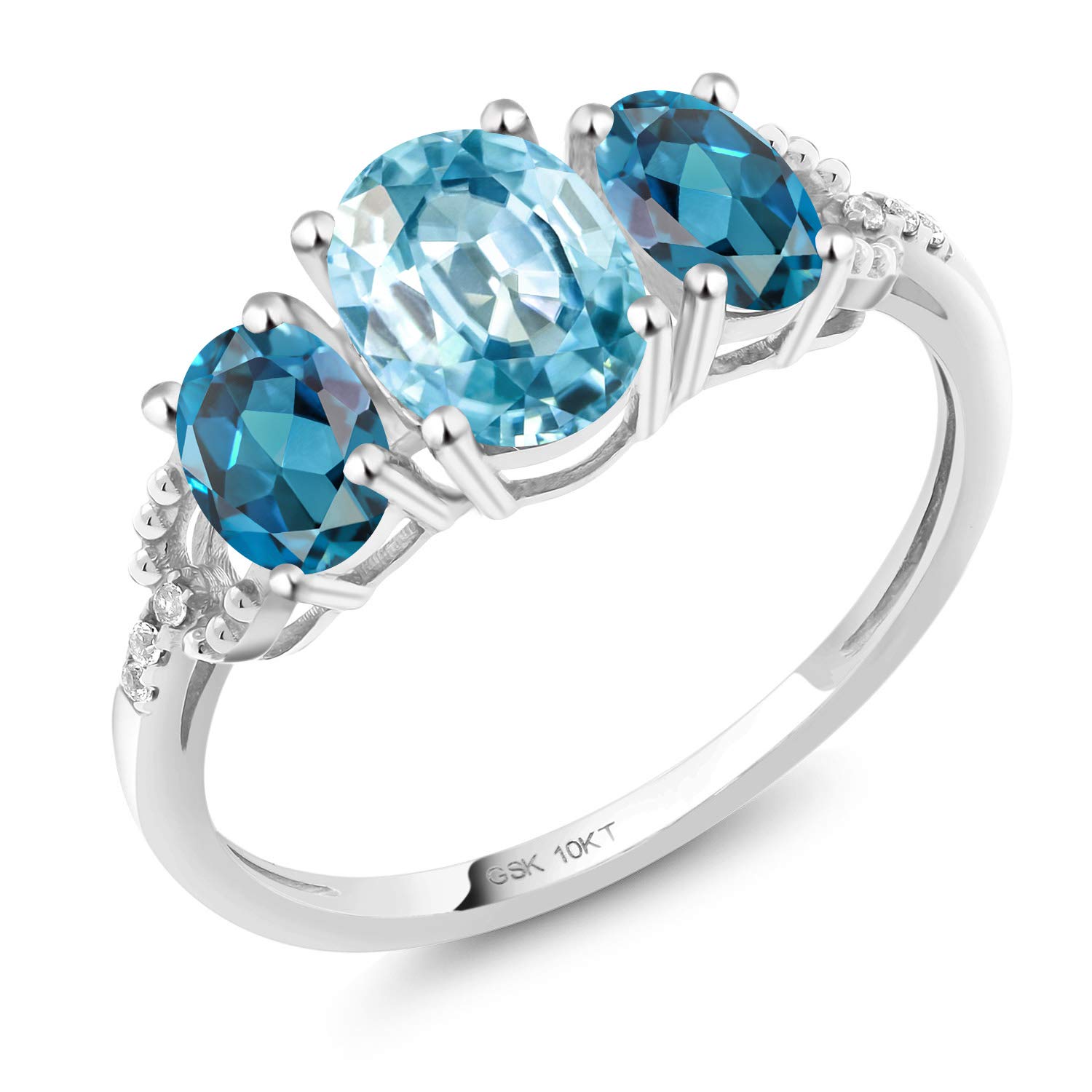 10K White Gold 3-Stone Diamond Engagement Ring with 2.47 Ct Oval Blue Zircon & London Blue Topaz - Elegant Wedding Band for Proposals, Anniversaries & Special Occasions