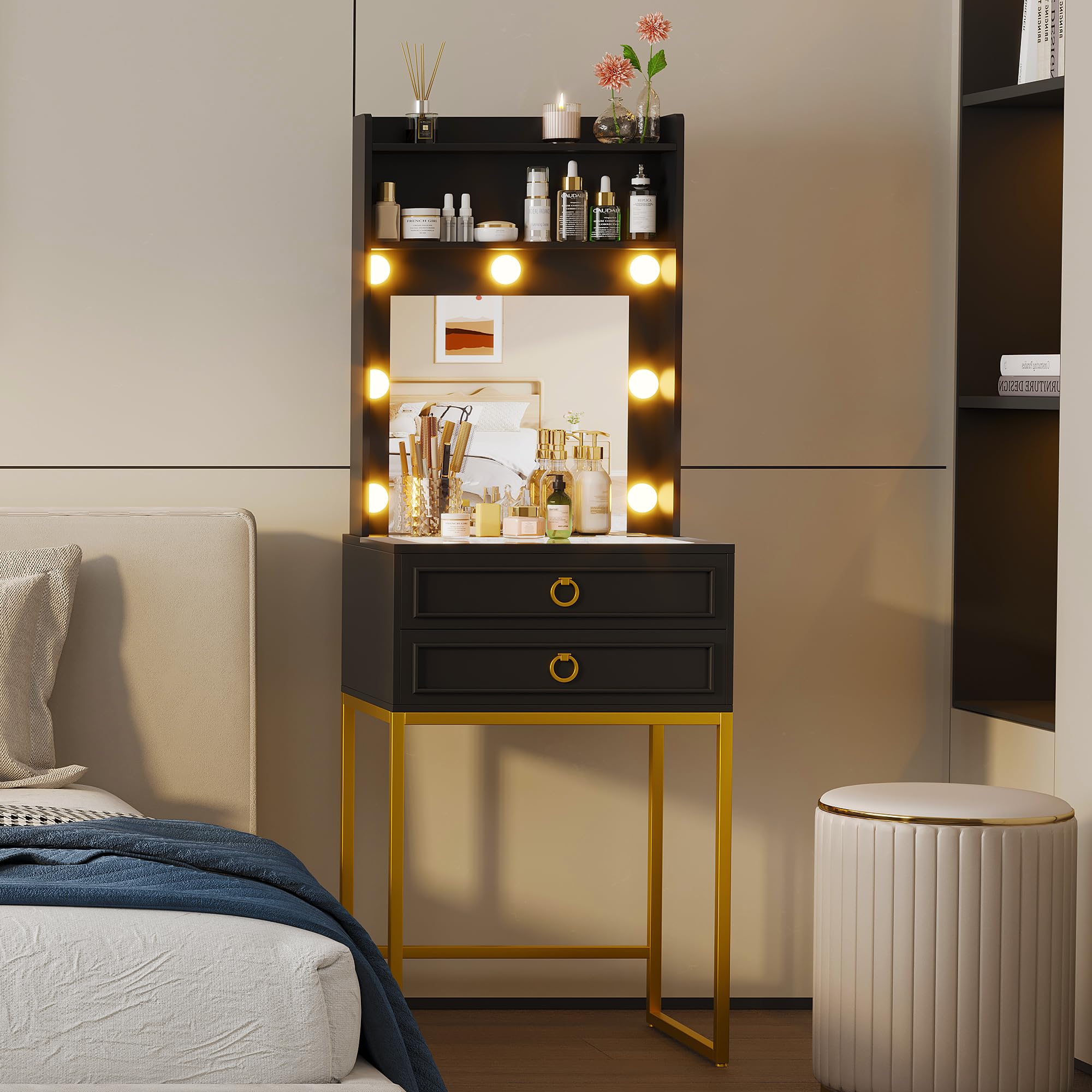 LVSOMT Small Makeup Vanity with Glass Top - Black Vanity Desk with LED Lighted Mirror & Motion Sensor - Mini Dressing Table for Bedroom, Apartment, Bathroom - Perfect for Makeup Application & Beauty Routine