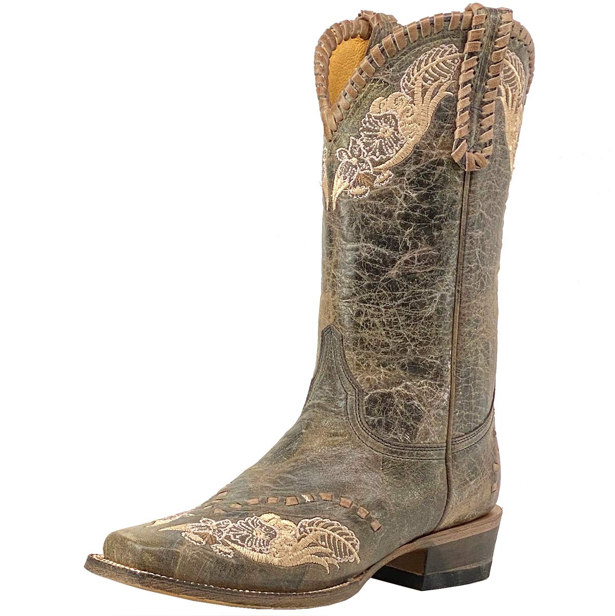 Tri Star Women's Floral Embroidery Cowgirl Boots with Whip Stitch Detail - Tobacco Brown Western Boots for Country Dancing, Rodeo & Casual Wear
