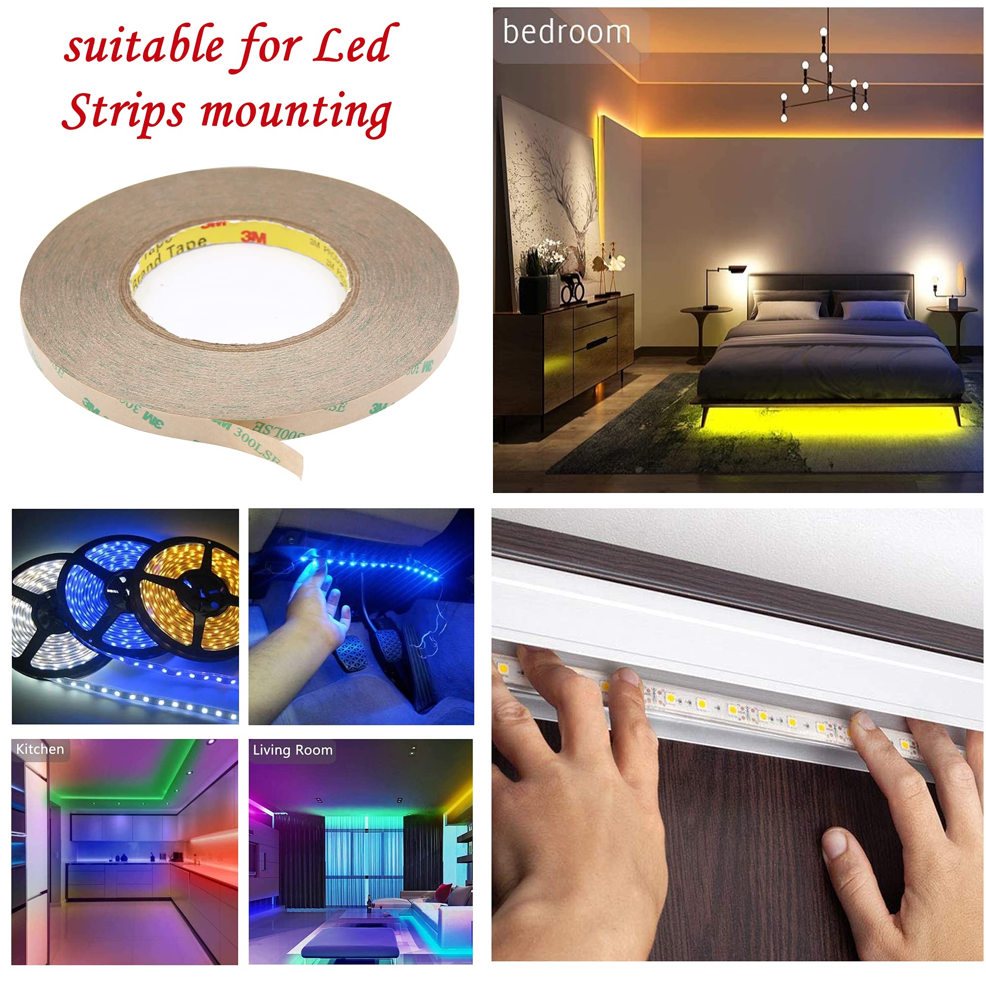 100M Heavy Duty Double Sided Mounting Tape - 300 FT Length, 0.31 Inch Width for 5050/5630 SMD LED Strip Lights (10mm Strong Adhesive) - Perfect for Home DIY Projects, Wall Decor & LED Light Installation