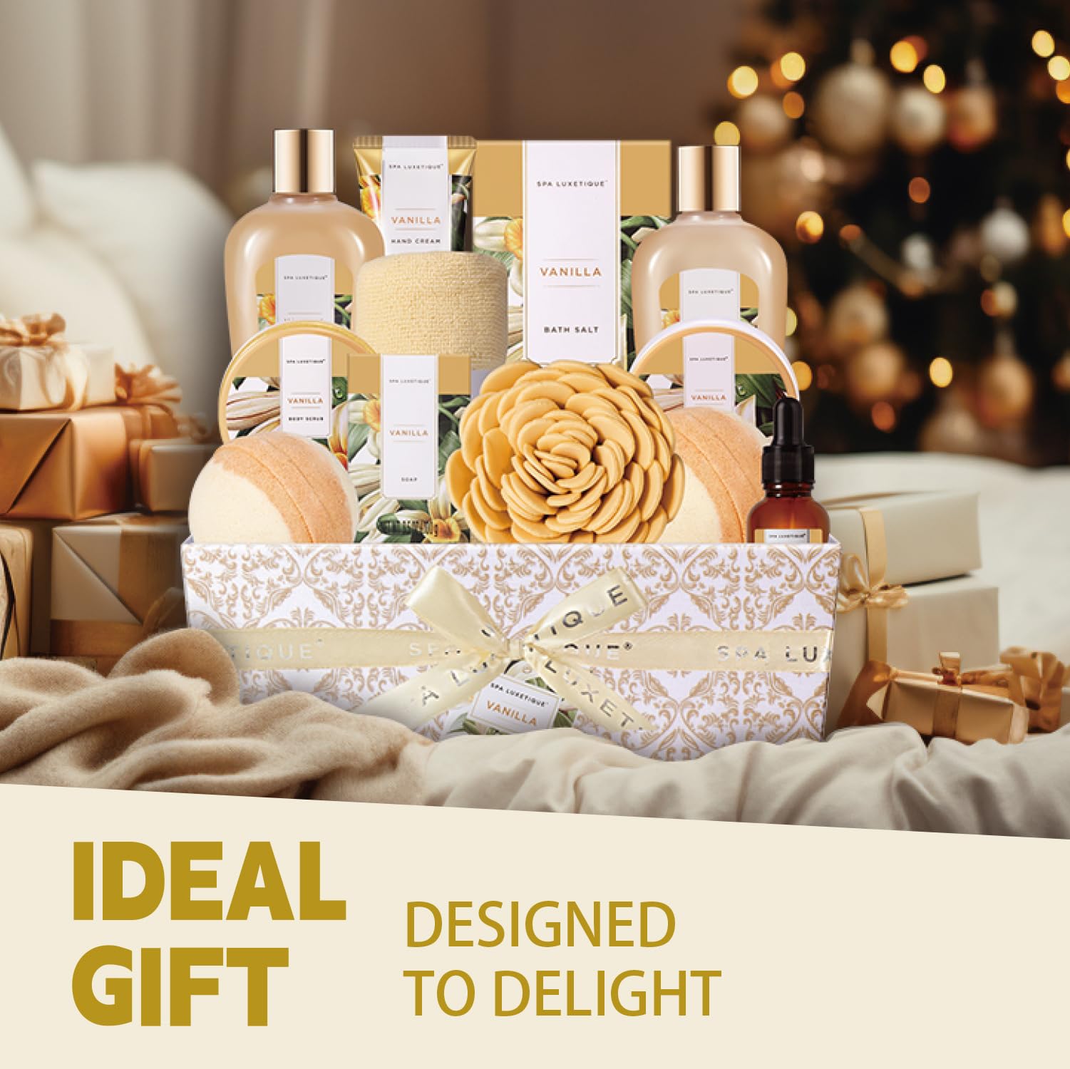 Luxury Spa Gift Basket for Women - 12pc Vanilla Bath & Body Set, Birthday & Self Care Gifts, Spa Kit with Essential Oils - Perfect for Relaxation, Mother's Day & Holiday Gifting