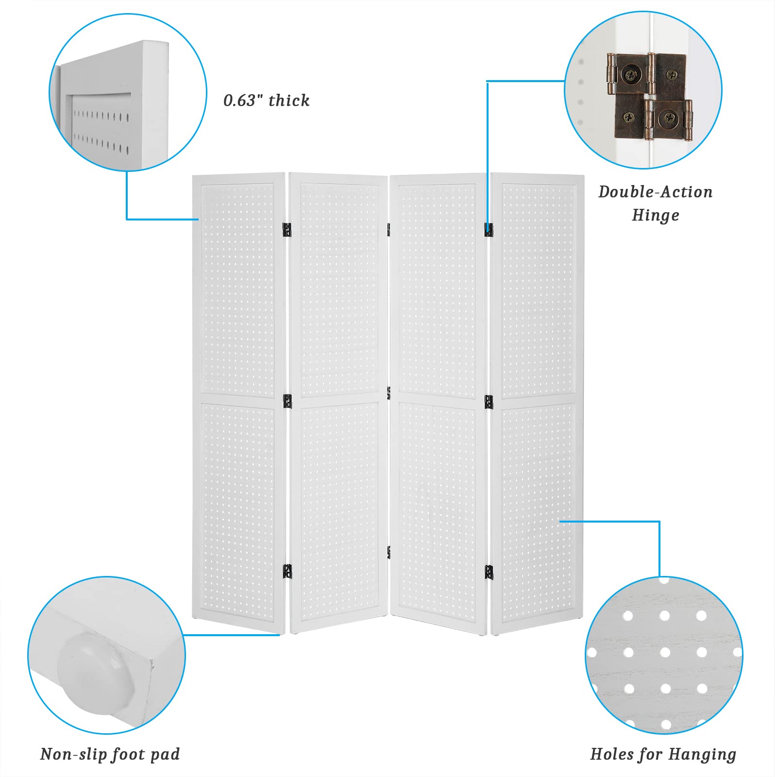 Bonnlo 4 Panel Pegboard Freestanding Organizer - 5 FT Portable Display Board for Craft Shows, Jewelry & Retail - Wooden Folding Privacy Screen Room Divider with Base (White) - Perfect for Trade Shows, Boutiques & Home Office Organization