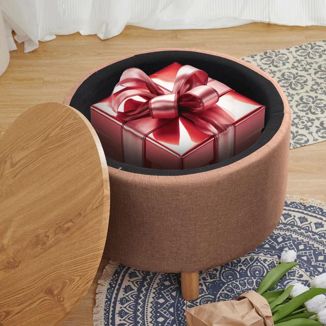 Round Coffee Table with Storage - Multi-Function Ottoman Foot Rest, High-Capacity Cotton Linen Fabric, Natural Color - Perfect for Living Room, Bedroom & Home Office Use