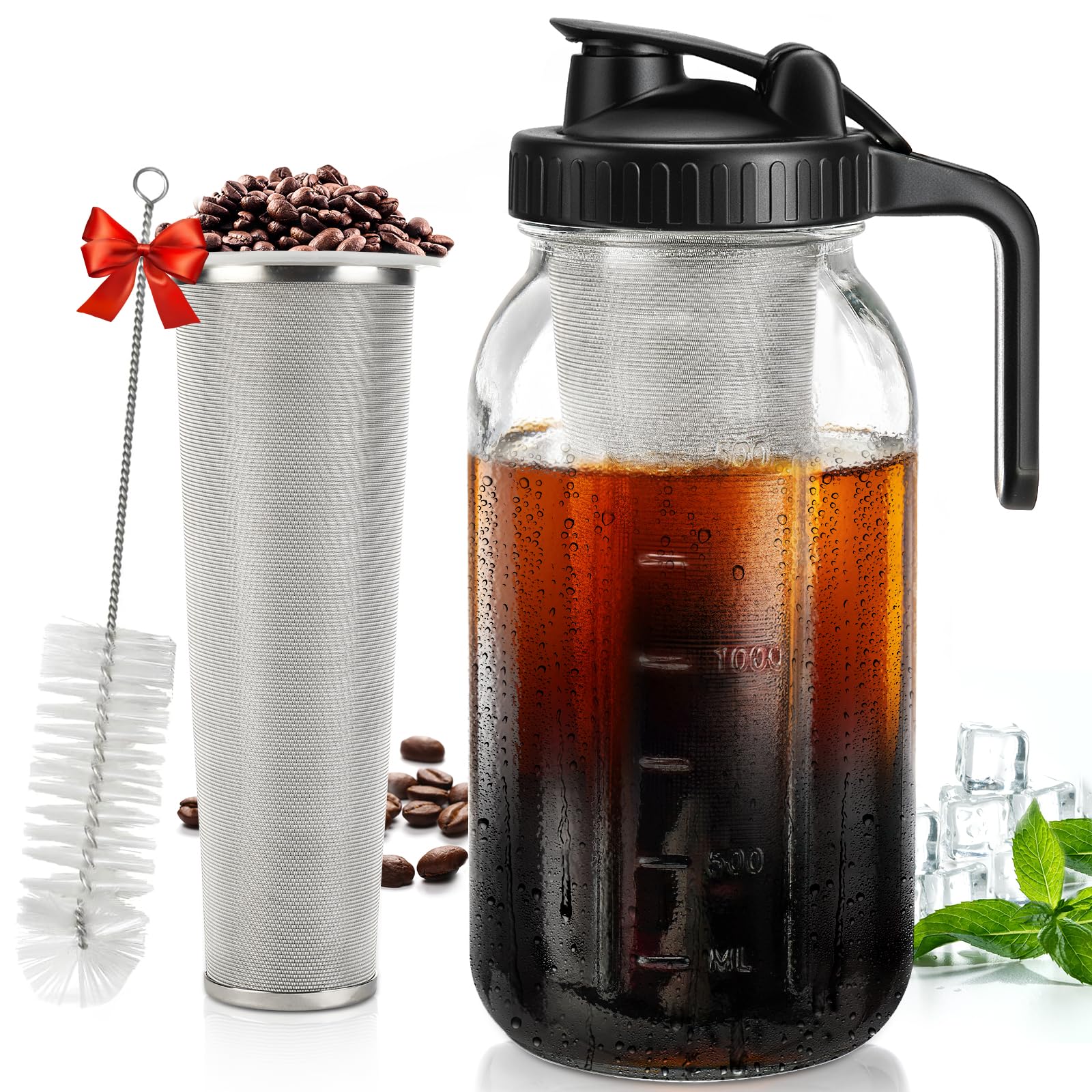 Premium DWTS DANWEITESI 64 oz Cold Brew Coffee Maker - 2-Quart Wide Mouth Mason Jar Pitcher with Stainless Steel Filter, Lid & Spout - Perfect for Iced Coffee, Cold Brew Concentrate & Homemade Coffee Drinks at Home, Office or Camping