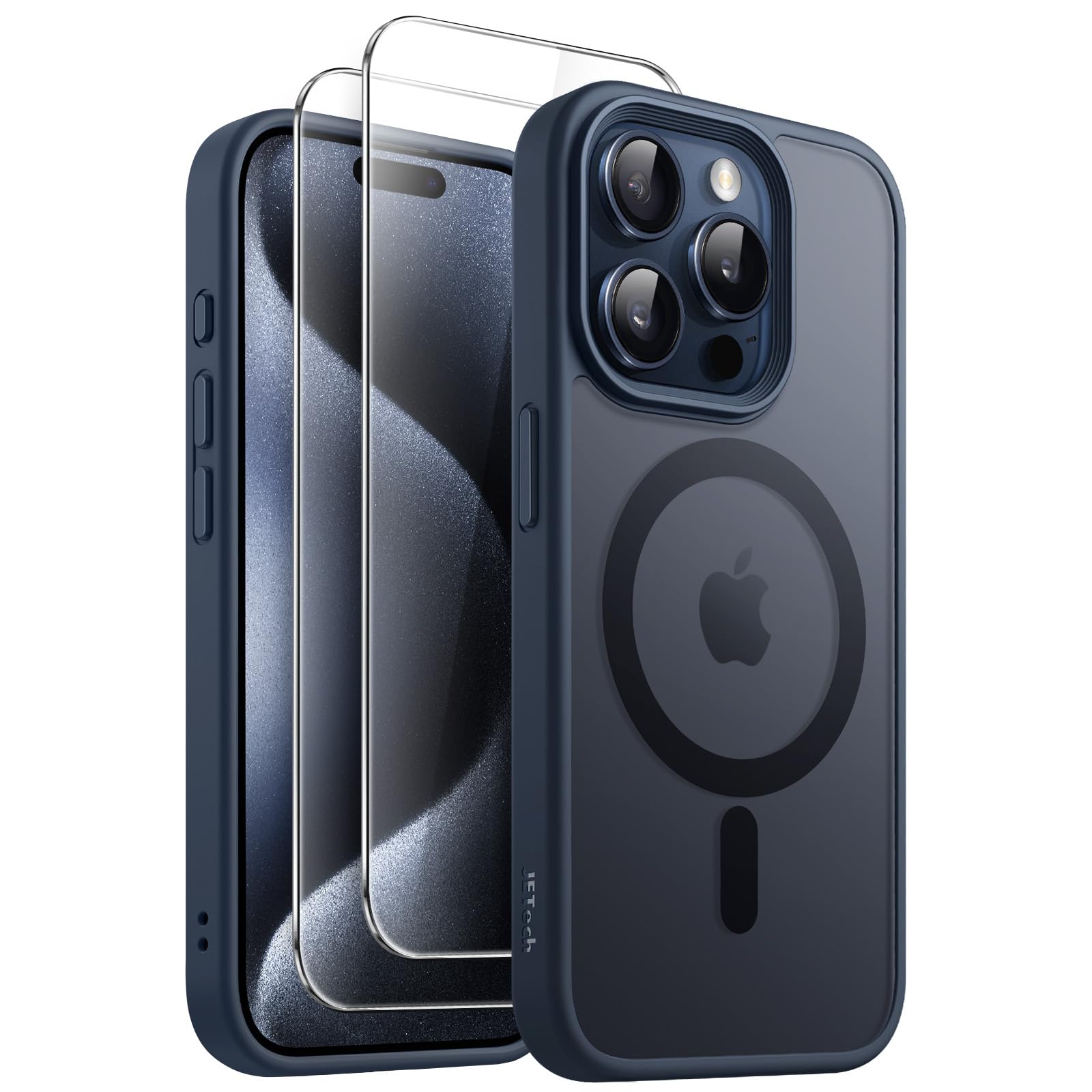 JETech 3 in 1 Magnetic Case for iPhone 15 Pro 6.1-Inch | 2 Pack Tempered Glass Screen Protectors | MagSafe Compatible | Translucent Matte Shockproof Phone Cover (Storm Blue) - Perfect for Work, Travel & Everyday Protection