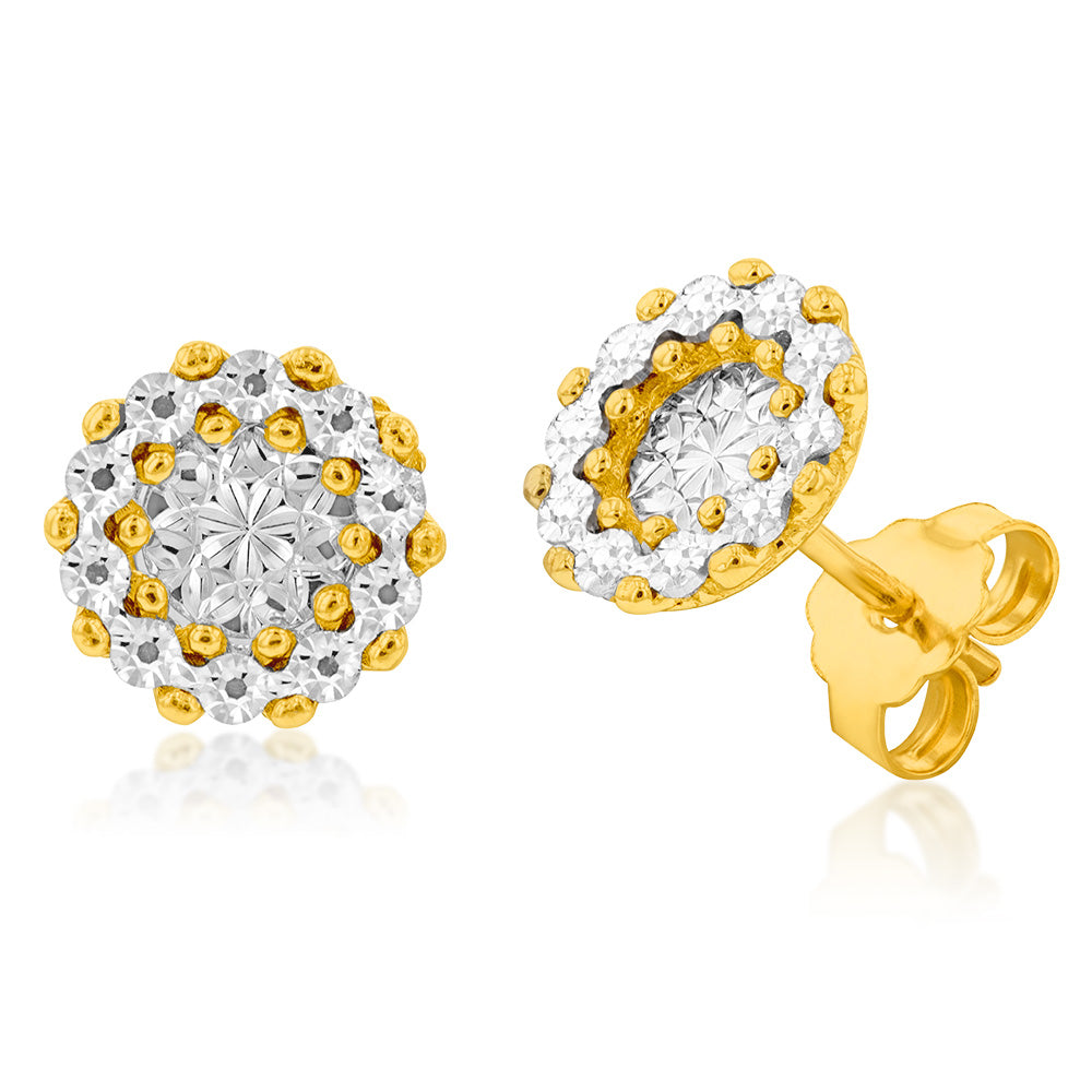 9ct Yellow and White Gold Diamond Cut Round Stud Earrings for Women – Elegant Everyday Jewelry for Work, Parties & Special Occasions