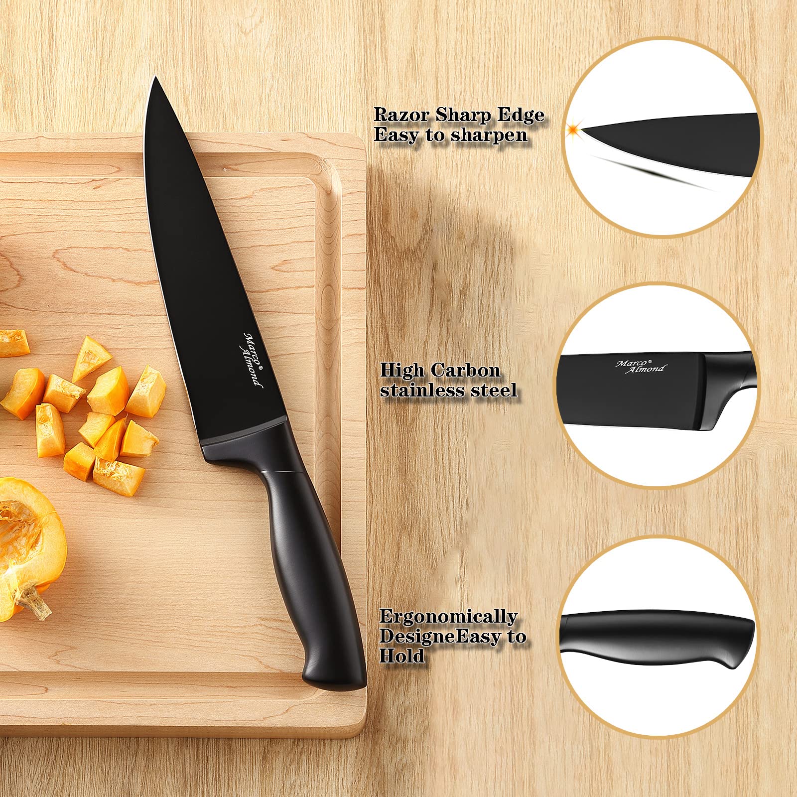 Marco Almond® 17-Piece Stainless Steel Kitchen Knife Set with Block & Sharpener MA23 – Professional Chef Knives for Cooking, Slicing, Dicing – Perfect for Home Kitchens & Culinary Enthusiasts
