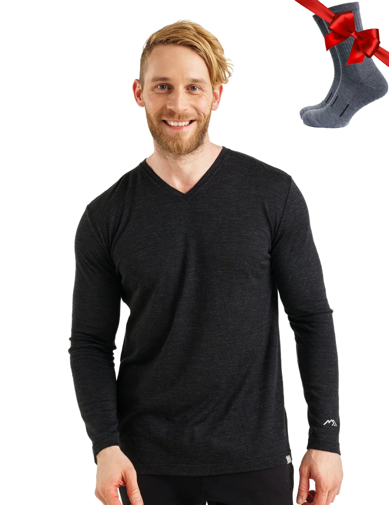 Premium Men's Merino Wool Long Sleeve V-Neck Sweater - 165 GSM, Heathered Black - Perfect for Winter Layering & Office Wear