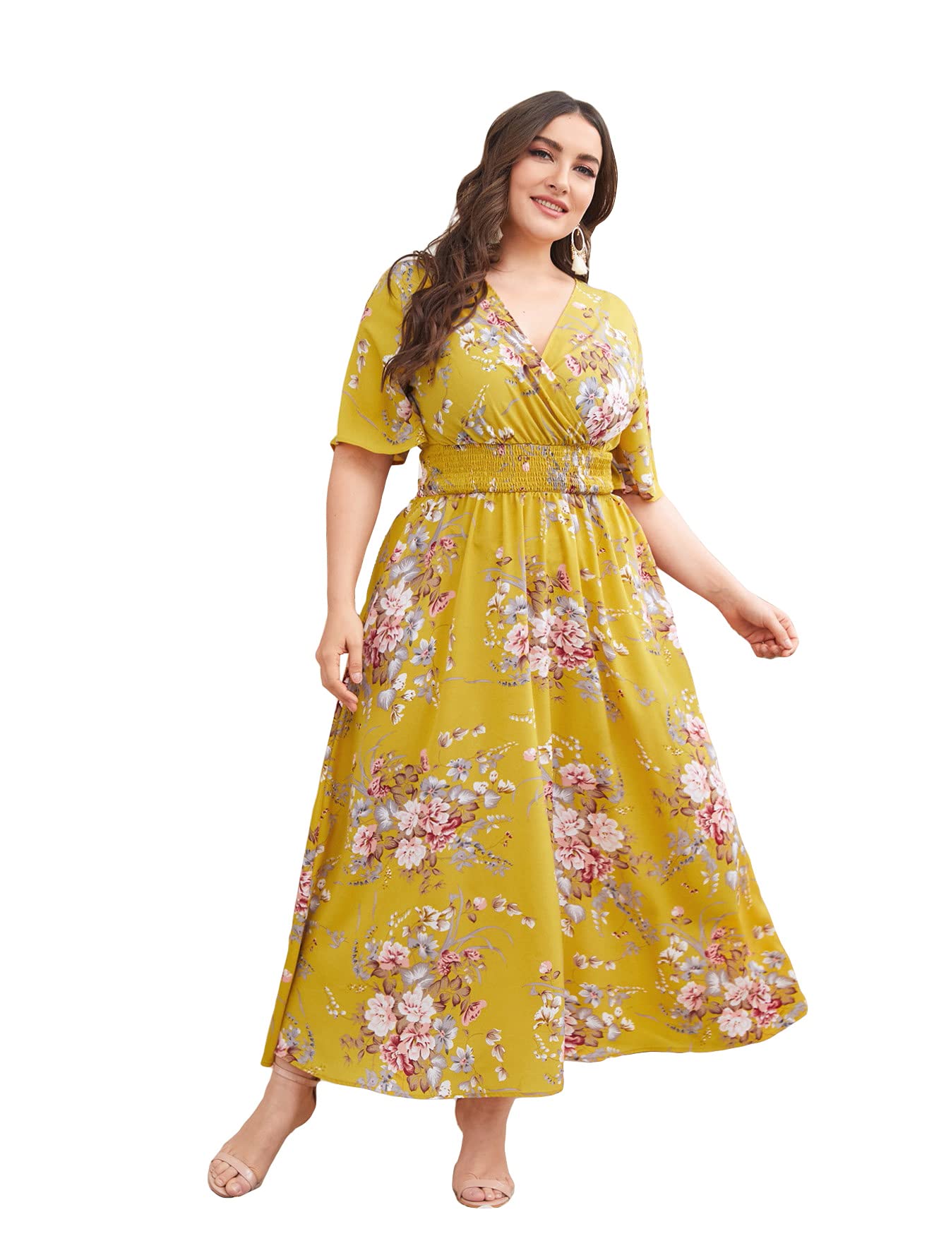 WDIRARA Women's Floral Print Wrap Dress - V Neck A-Line Maxi Dress with Short Sleeves | Perfect for Summer, Beach Vacations, and Casual Outings