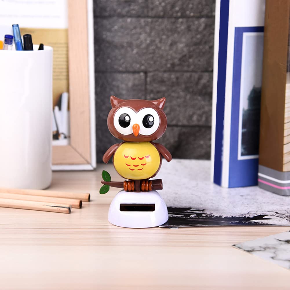 Car Owl Figurines - Solar Powered Shaking Head Dashboard Ornament, Beige Animal Dancing Statue Doll for Car Interior Decoration, Perfect Gift for Car Enthusiasts and Office Desk Decor