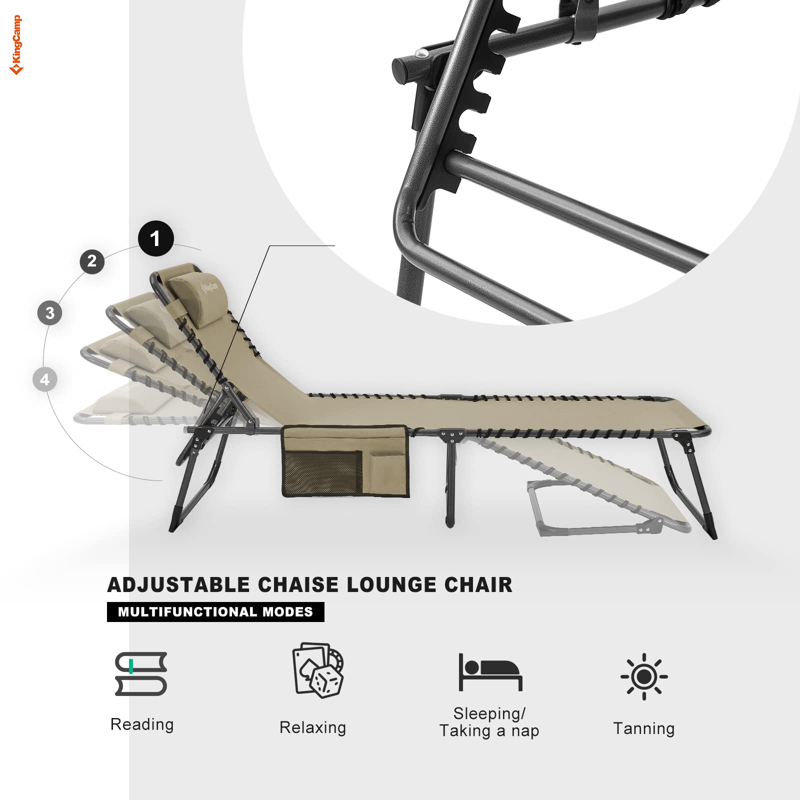 KingCamp Folding Adjustable Patio Chaise Lounge Chair for Outdoor, Pool, Beach, Sunbathing – Heavy Duty Portable Reclining Camping Cot with Pillow – Perfect for Backyard, Deck, Lawn, and Travel
